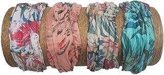 Bamboo Trading Company Boho Wide Headbands - Set of 4 Tropical Print Headwraps - 16”L x 9”W - Coral, Aqua, Beige, Pink