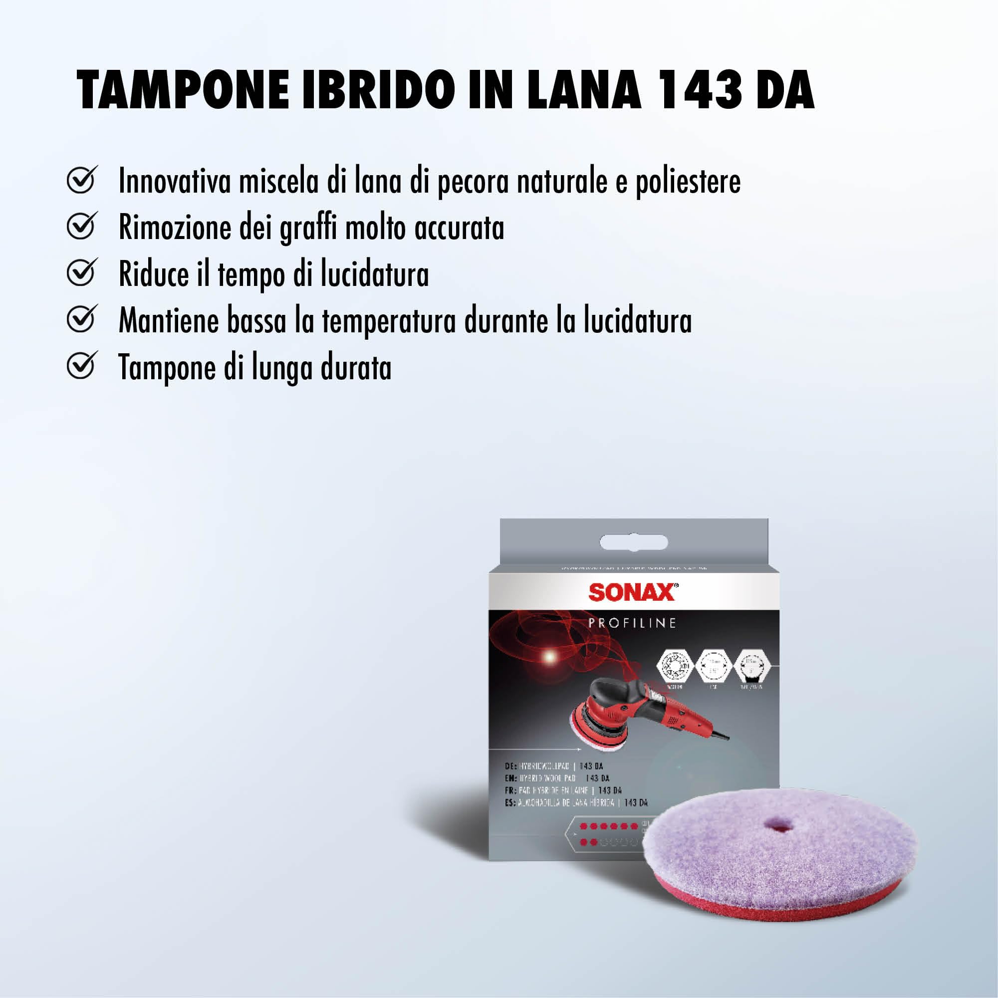 SONAX Panno in lana ibrido 143 DA (1 pezzo) per lucidatrice orbitale per rimuovere graffi profondi e opacizzazioni. In lana di agnello naturale e poliestere | Art. N. 04938000