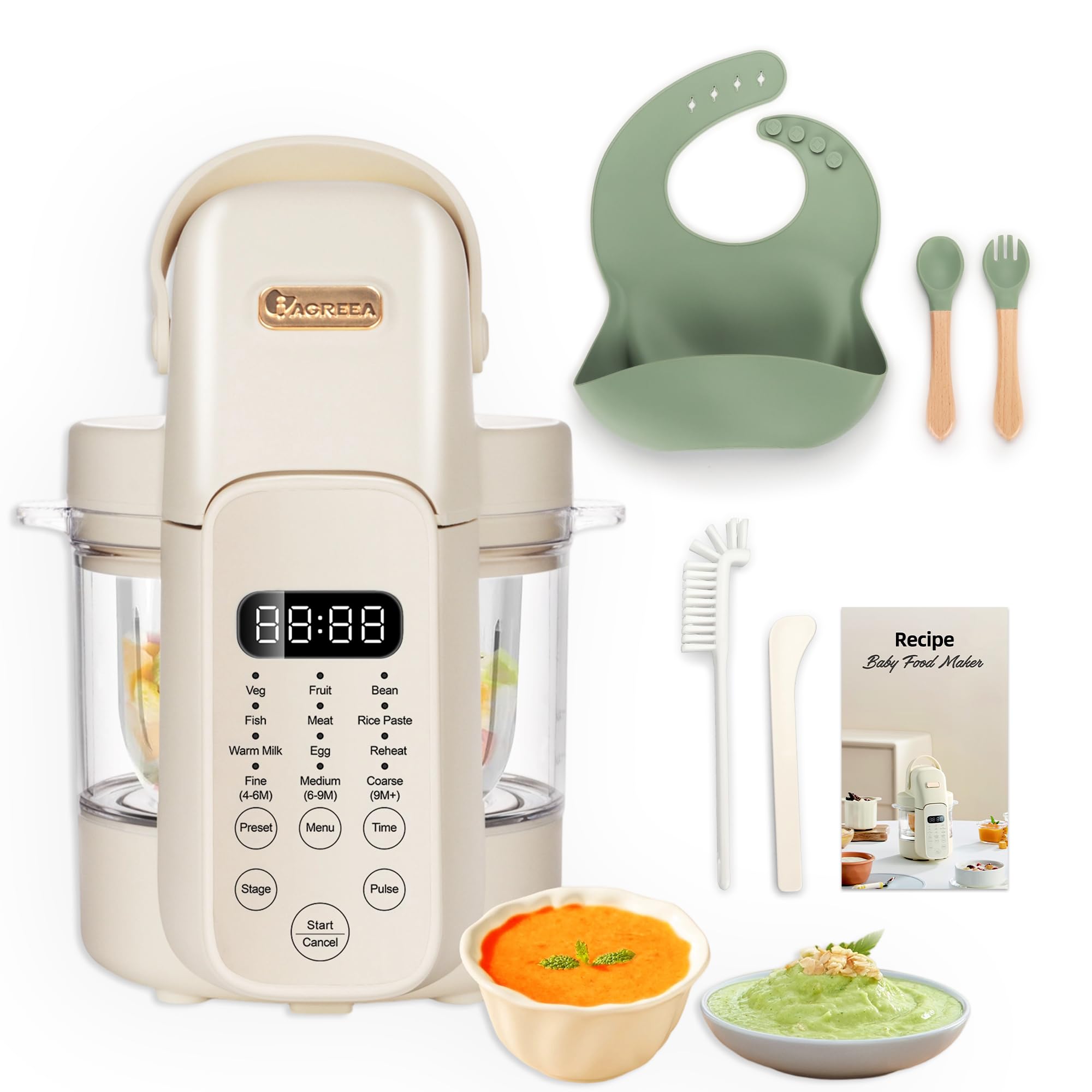 IAGREEA 9 en 1 Máquina para hacer puré de alimentos para bebés de 10 oz Máquina para hacer puré de alimentos para bebés Vaporera Licuadora de puré con 3 grupos de edad Cocción automática Molienda Cita de 24 horas Calentamiento de 450 W Control táctil Modo manual Libre de BPA