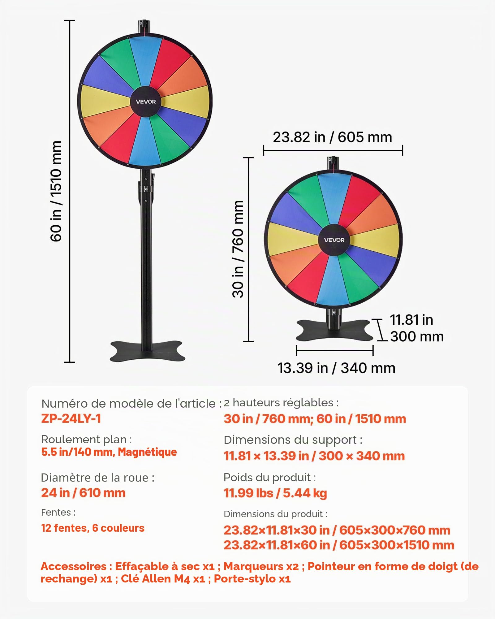 VEVOR Roue de Fortune, 610 mm, Roue de la Chance avec Support à Hauteur Réglable, 12 Secteurs en 6 Couleurs, Jeu pour Fêtes, Salons, Carnavals, Foires, avec Effaceur et 2 Marqueurs