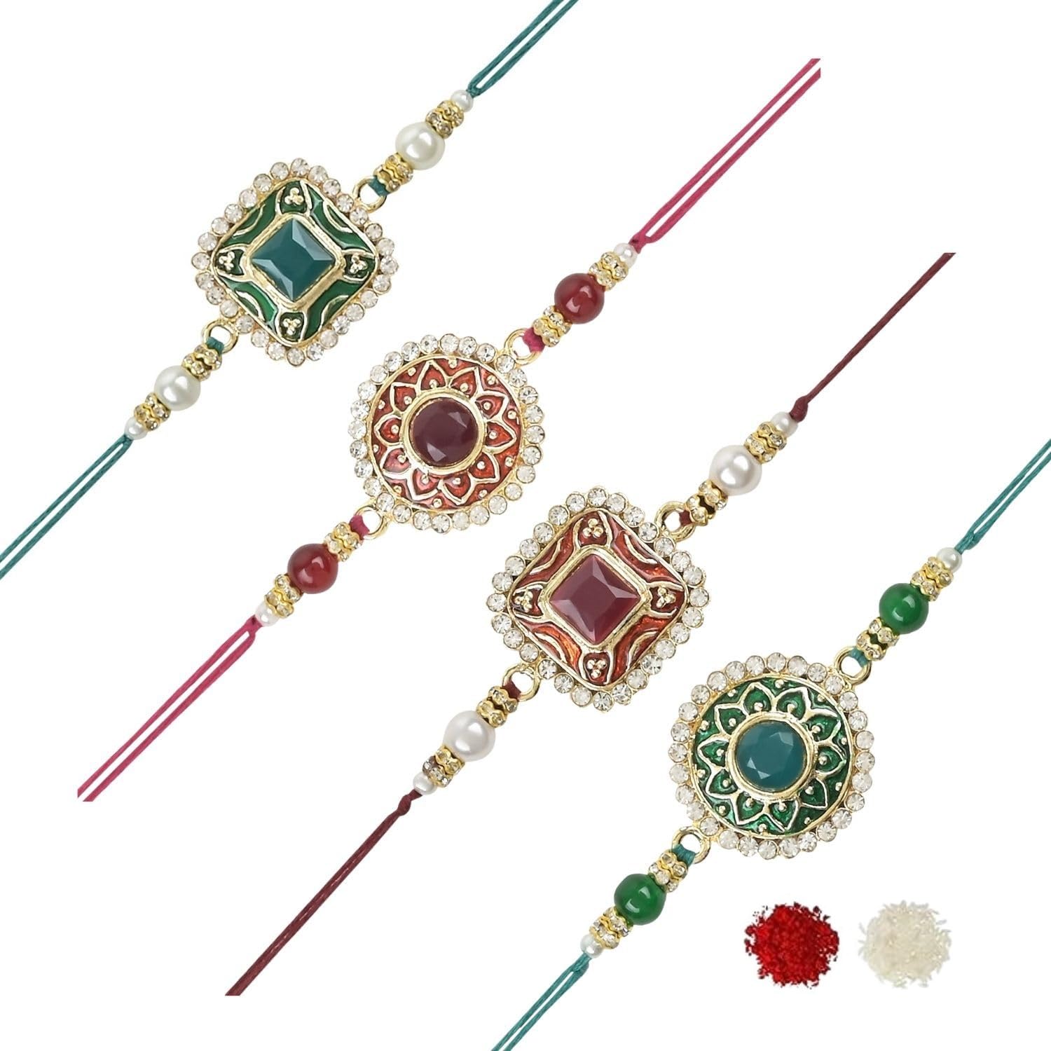 I Jewels Pearl & Kundan Meenakari Bhaiya Rakhi With Roli Chawal for Brother/Bro/Men with Rakshabandhan Card (R098-100-4) (Pack of 4) (B0CCRY7W9G) Amazon Price History, Amazon Price Tracker
