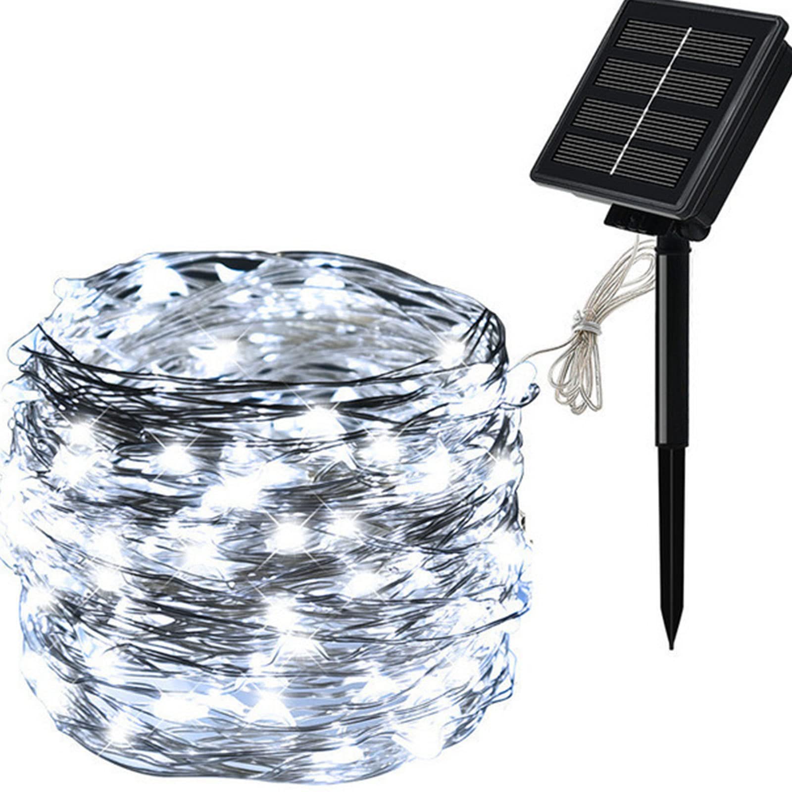 Solarny łańcuch świetlny na zewnątrz, 100 diod LED na zewnątrz migające światła wodoodporne, 8 trybów oświetlenia, miedziany drut światła na podwórku drzewo ogród ogrodzenie basen impreza, biały