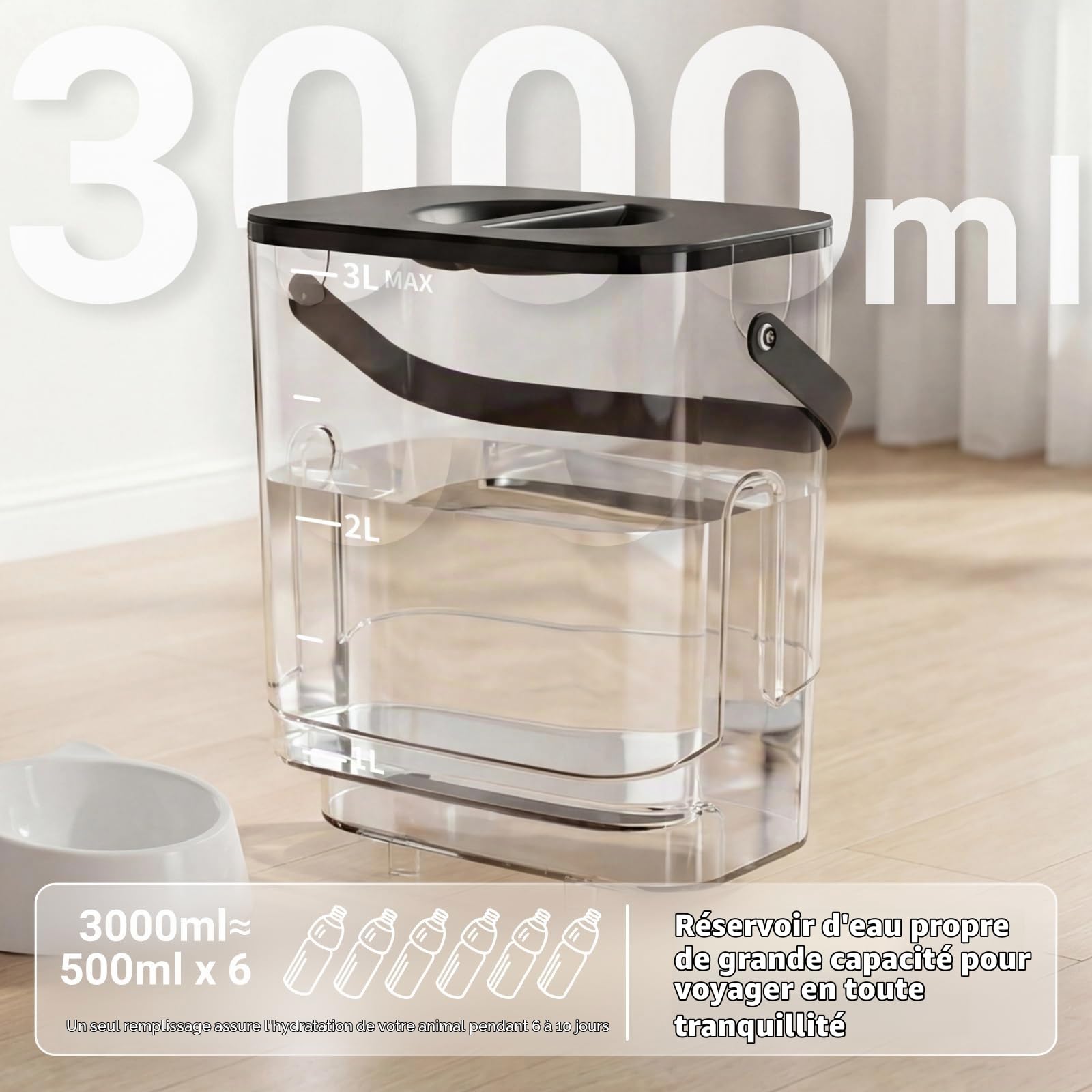 Fontaine a Eau pour Animaux sans Fil et sans Filtre | Séparation de l'Eau Propre et de l'Eau Usée, Bol en Acier Inoxydable, Batterie 4000mAh, Grande Capacité 3L, Noir