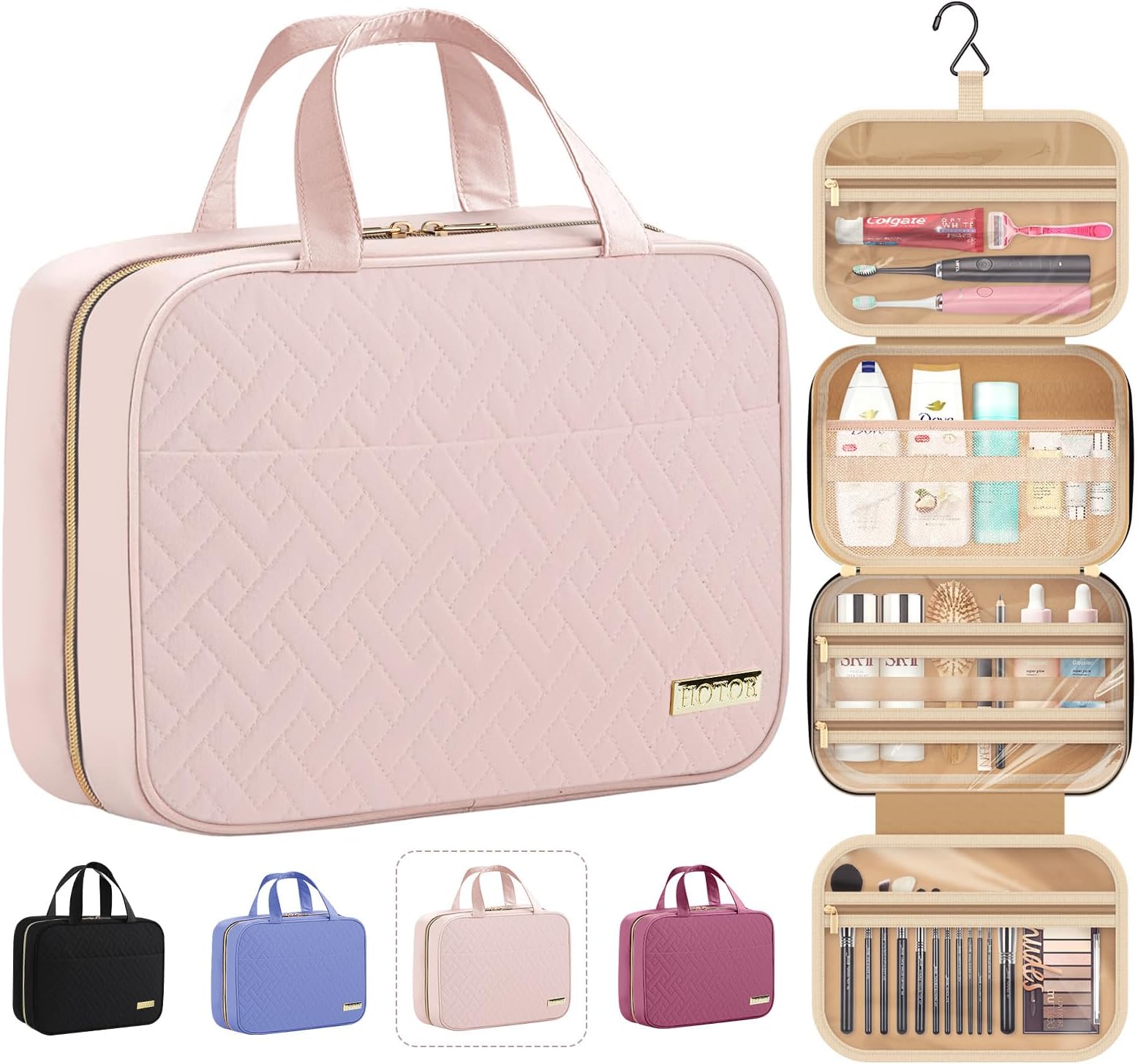 HOTOR Travel Toiletry Bag - Hanging Toiletry Bag for Women & Men, Makeup Bag/Big Comparment, Waterproof for Travel Accessories, Travel Essentials, Large, Pale Pink