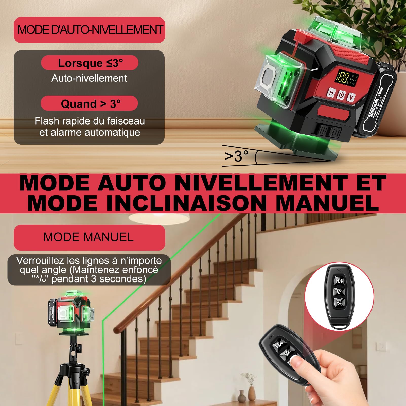 Niveau Laser 360 Autonivelant, 4D 16 lignes vertes Laser à lignes croisées avec trépied, Laser Chantier pour chantier intérieur, 3600 mAh x 3 batteries rechargeables