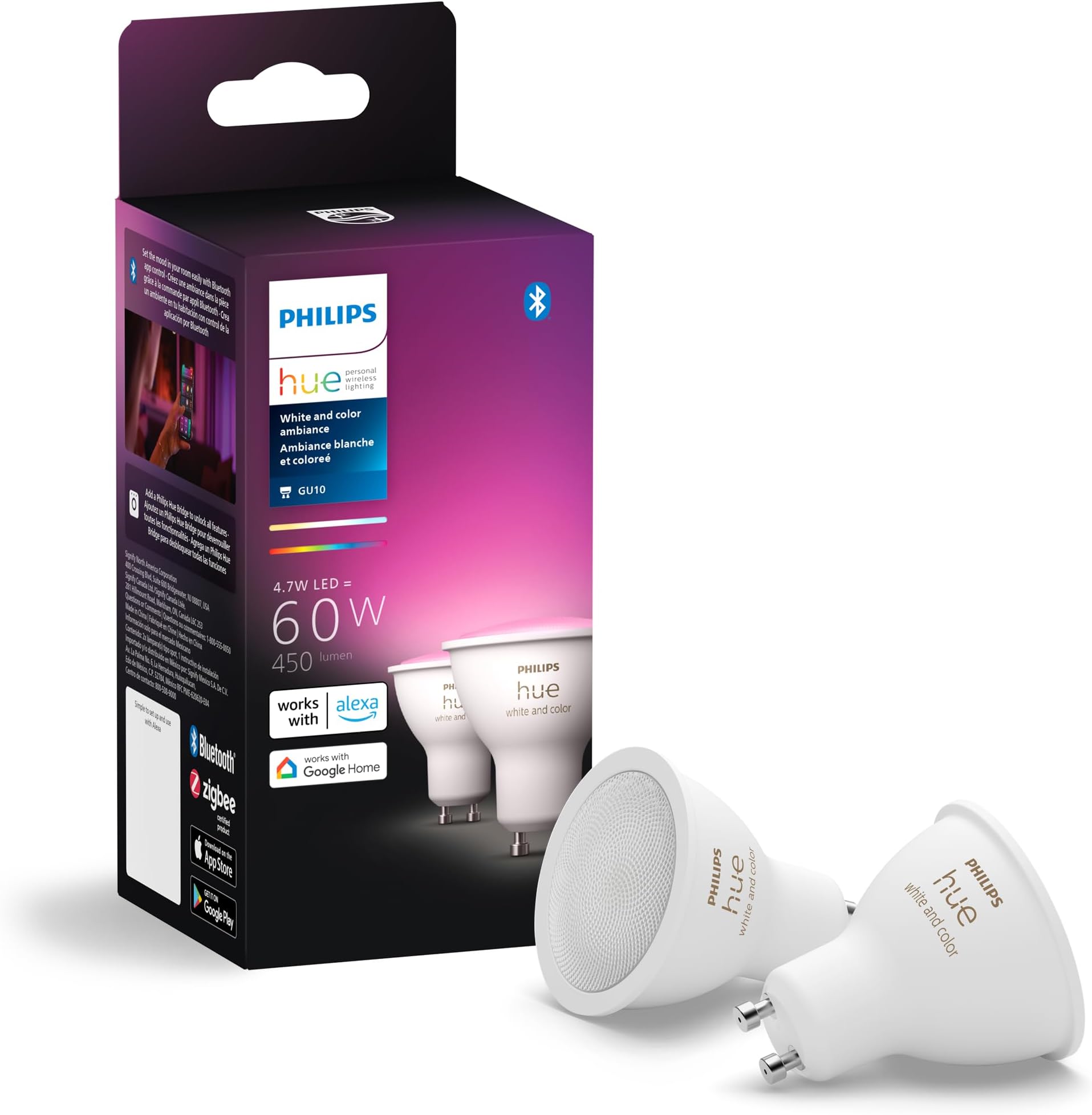 Smart 60W GU10 LED Bulb - White and Color Ambiance Color-Changing Light - 2 Pack - 450LM - Indoor - Control with Hue App - Works with Alexa, Google Assistant and Apple Homekit, 584680