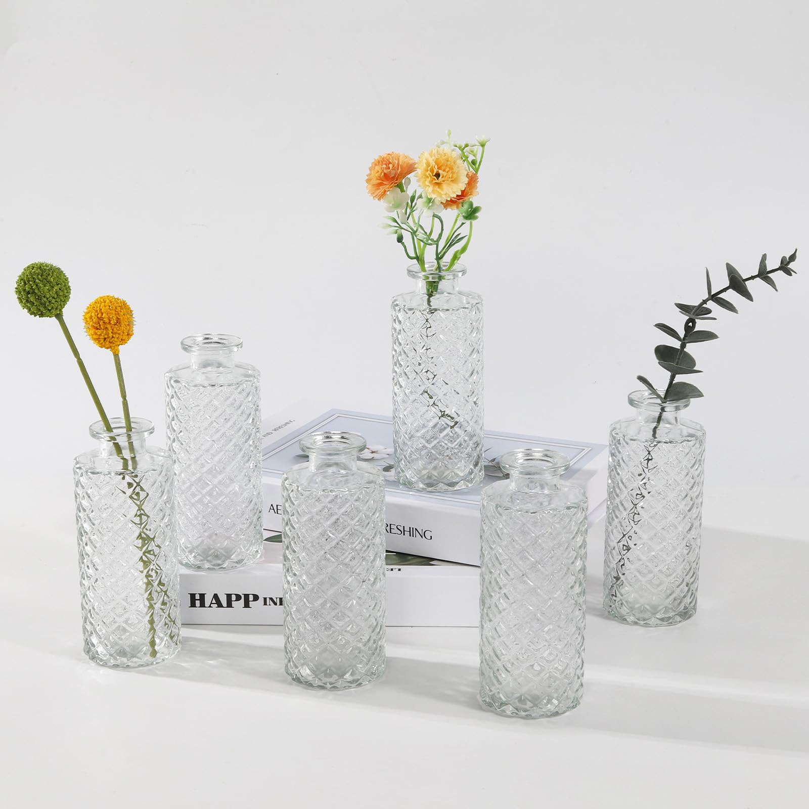 6 Pack Glass Bud Vases, Small Clear Diamond Bud Vases in Bulk, Mini Flowers Vases for Wedding Table Ceterpiece, Home Decor, Housewarming Gift (Clear)