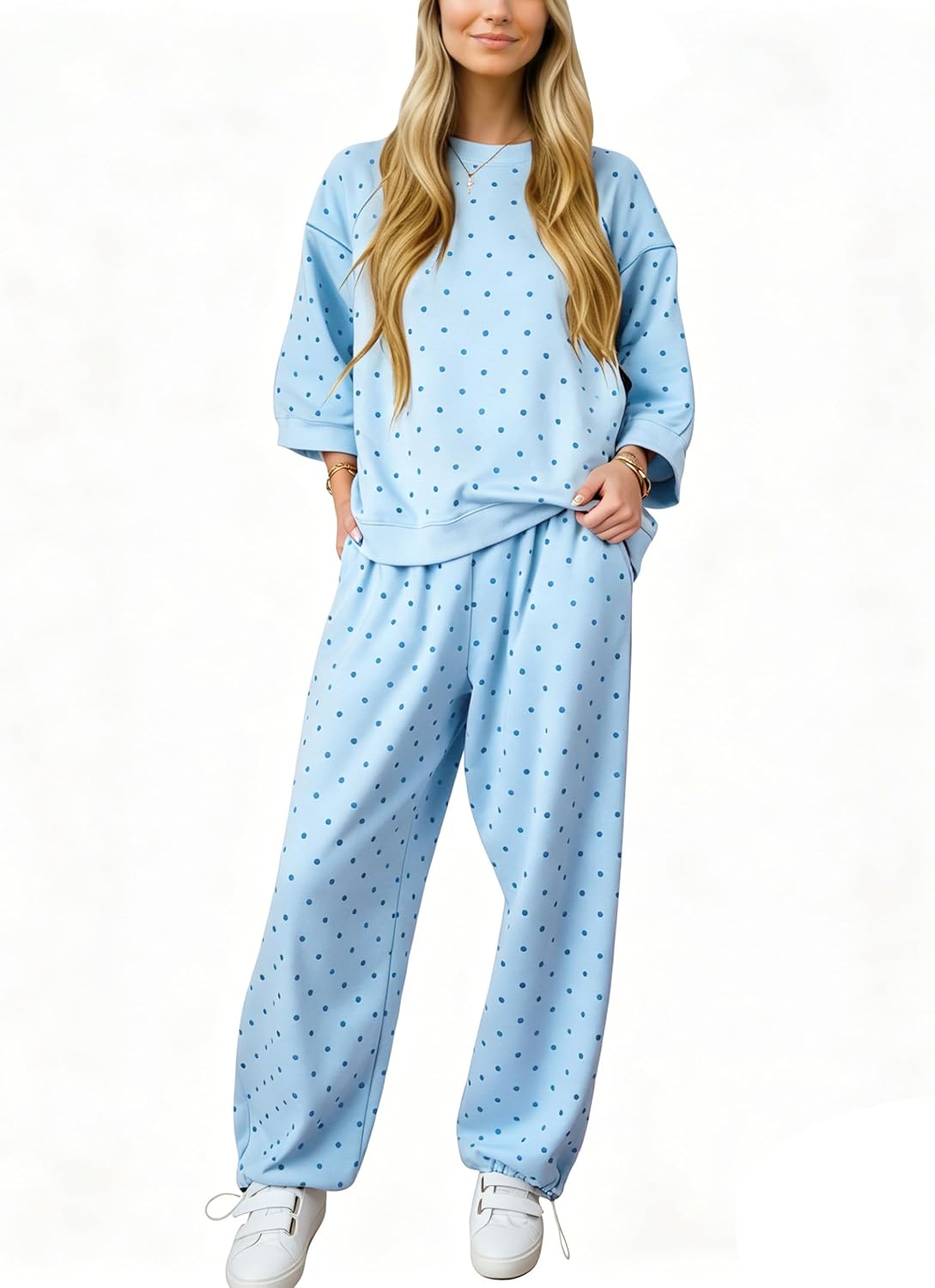 OLAPTA Women Polka Dot Two Pieces Tracksuits Set Polka Dots 3/4 Sleeve Loose Sweatshirt Drawstring Cinched Bottom Pants Set