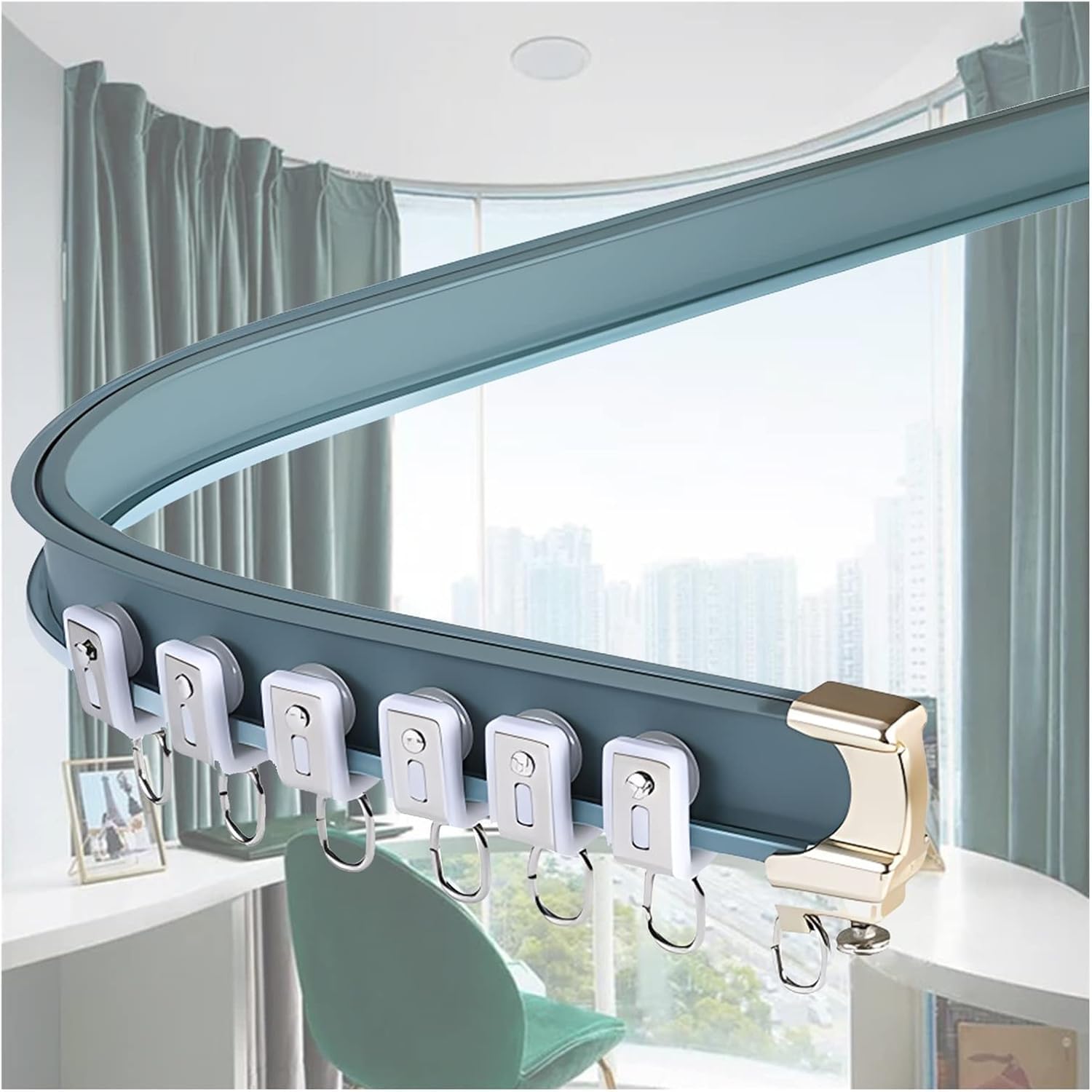 Binario per tenda flessibile in alluminio blu, asta regolabile per doccia e divisorio con ganci, montaggio a soffitto, 1,5 m, perfetto per uso domestico e ufficio