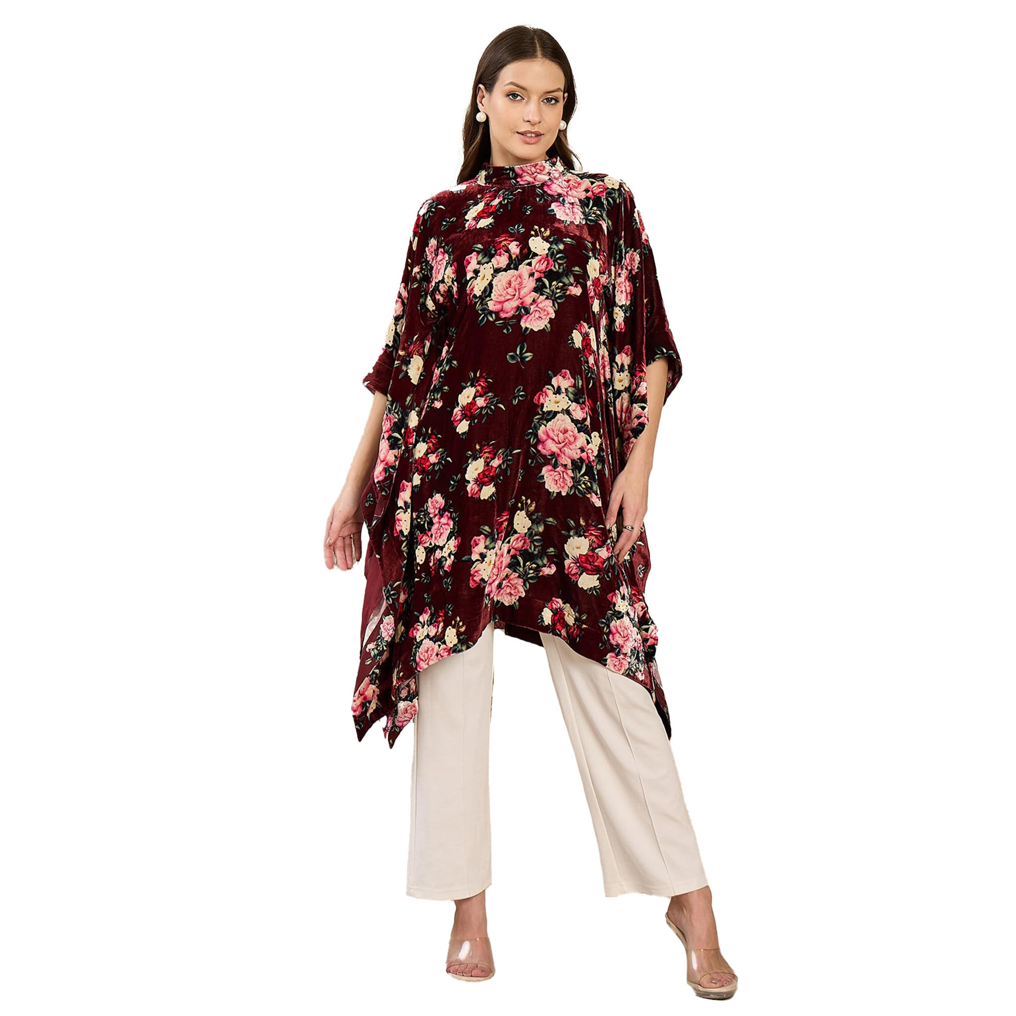 Maroon and Pink Floral Crystal Studded Silk Velvet Tunic-image-47
