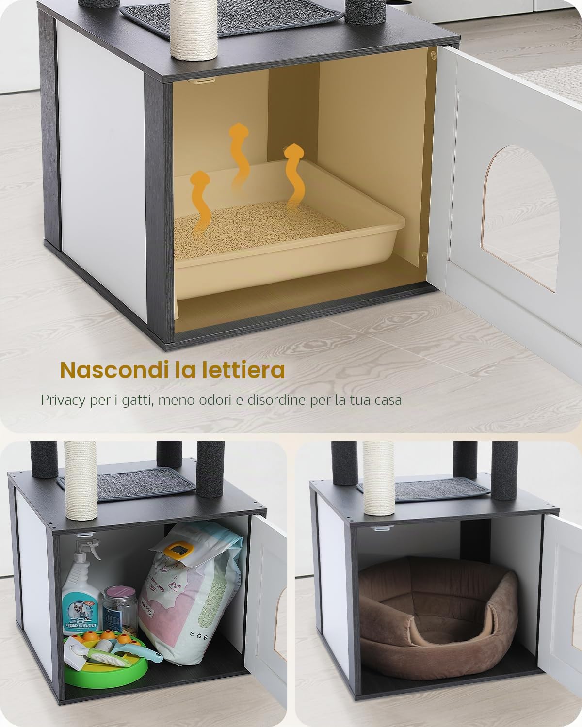 AWZ Road Moderna torre per gatti in legno con armadio per riporre lettiera e ampio condominio per gatti, grande posatoio e amaca, tiragraffi con rivestimento in sisal Black