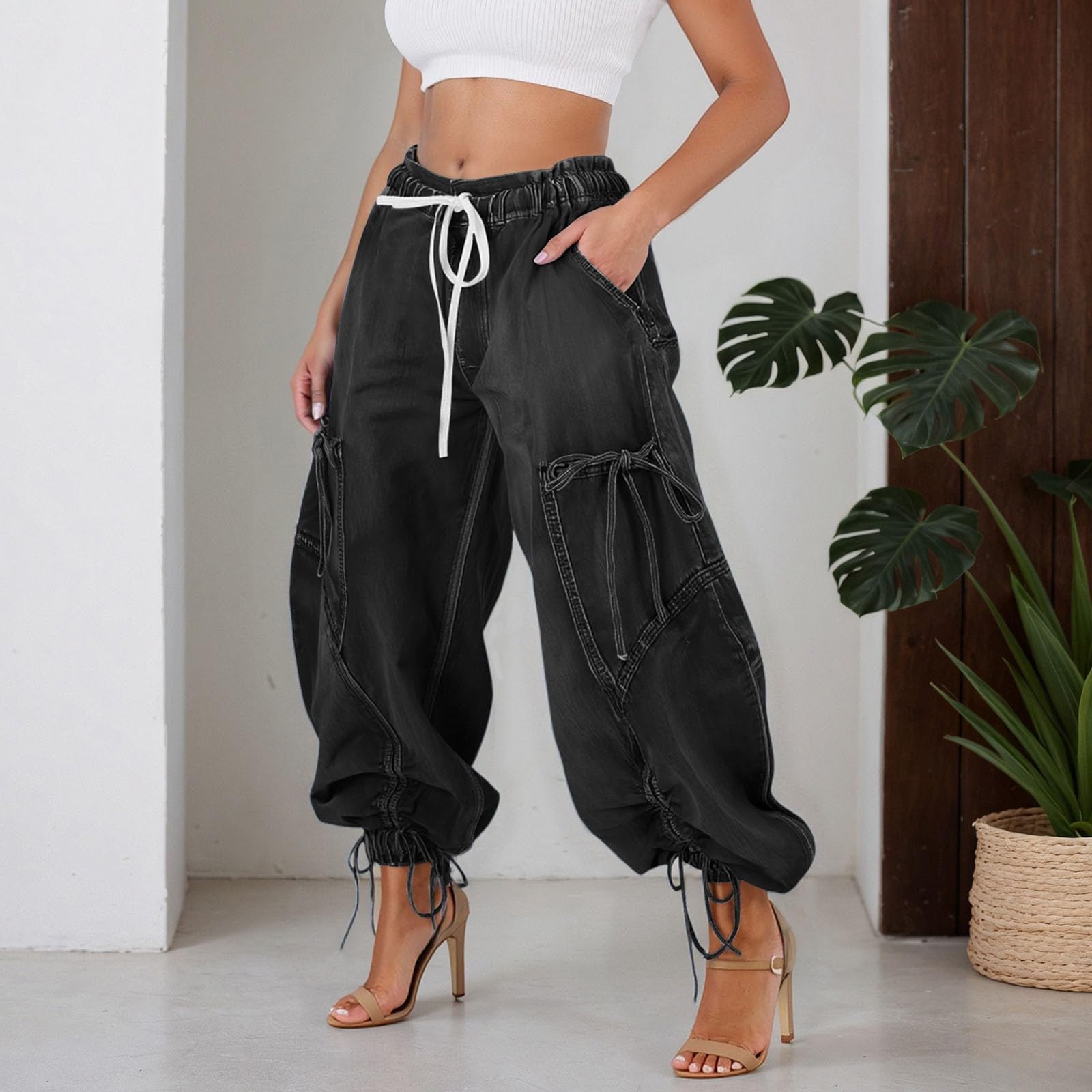 Genérico Vaquero Push Up Mujer Skinny,Pantalones Vaqueros Tobilleros Rectos con Cintura EláStica Y CordóN Ajustable CóModos Y Holgados