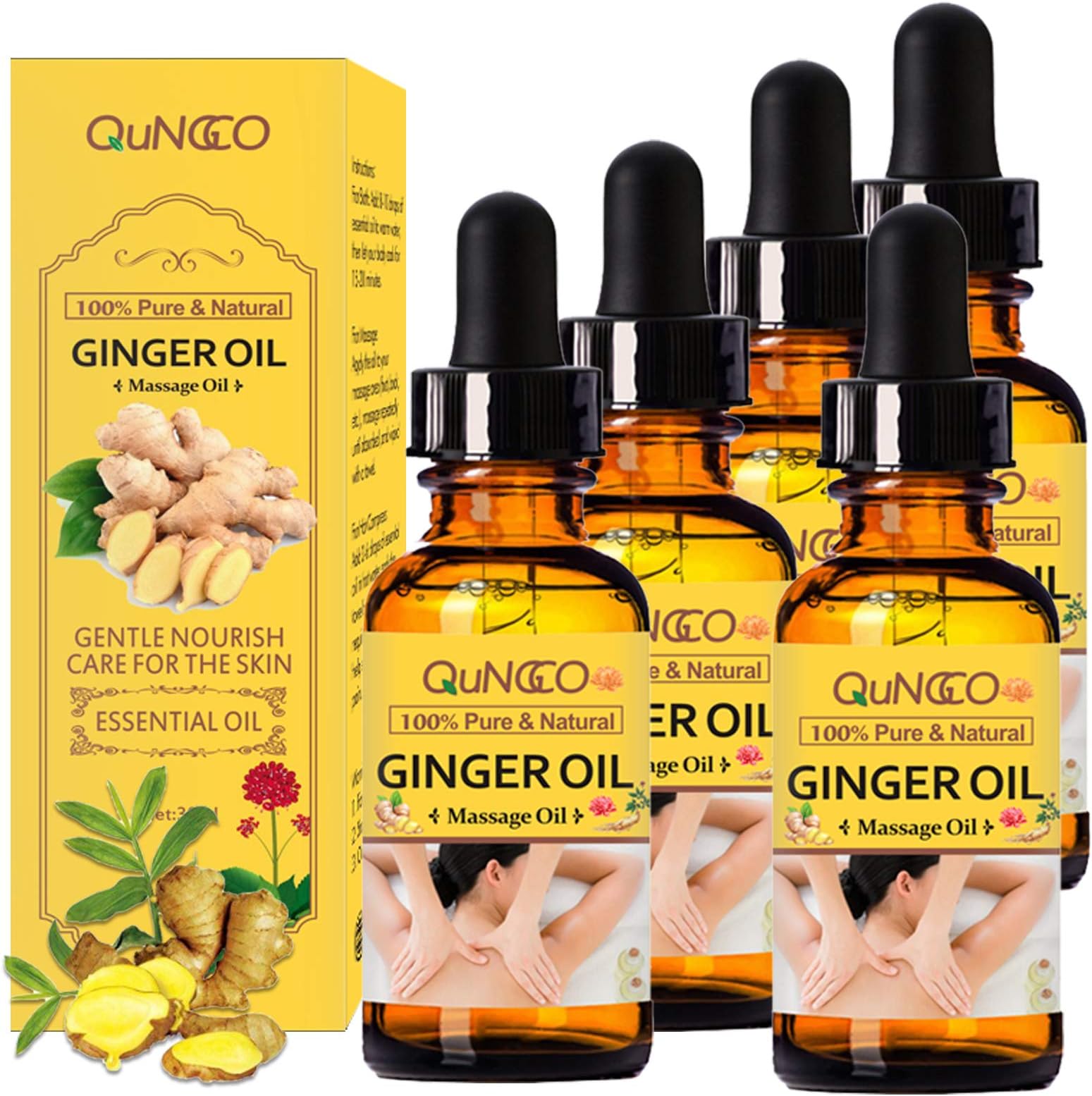 5 Pack Ginger Massage Essential Oil for Lymphatic Drainage,Natural Drainage Ginger Oil,SPA Massage Oils, Repelling Cold and Relaxing Massage Oil-30ml