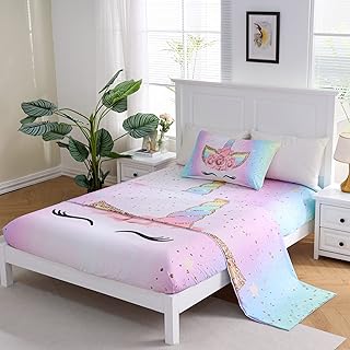 Unicorn Fitted Bed Sheet Set 3 Pieces Pink Flower Rainbow Cartoon Unicorn Bed Sheet for Girls Kids Soft Twin Size with 1 Fitted Sheet 1 Flat Sheet 1 Pillowcase(Twin Size)