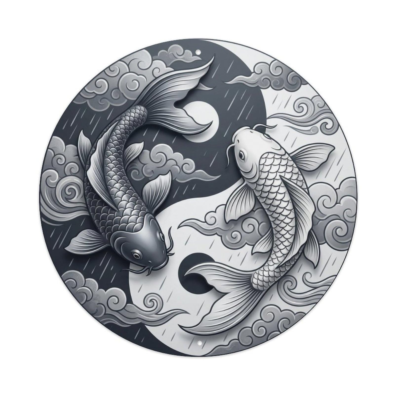 Tai Chi Koi Fish Storm Cloud Gray Silver Thunder Sky Metal Tin Sign