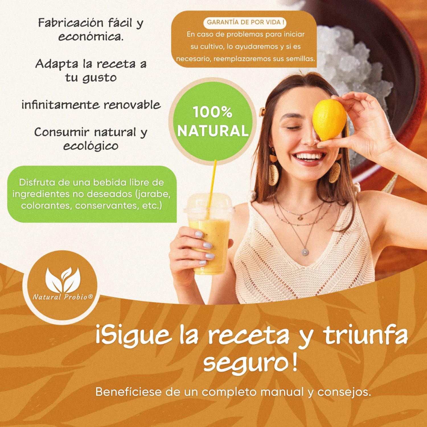 Natural Probio® Kéfir de agua - Kit de inicio de cultivo - Granos de kéfir de frutas + Instrucciones completas, receta y consejos + Acceso a Ebook y recetas (10g deshidratado / 60g rehidratado)