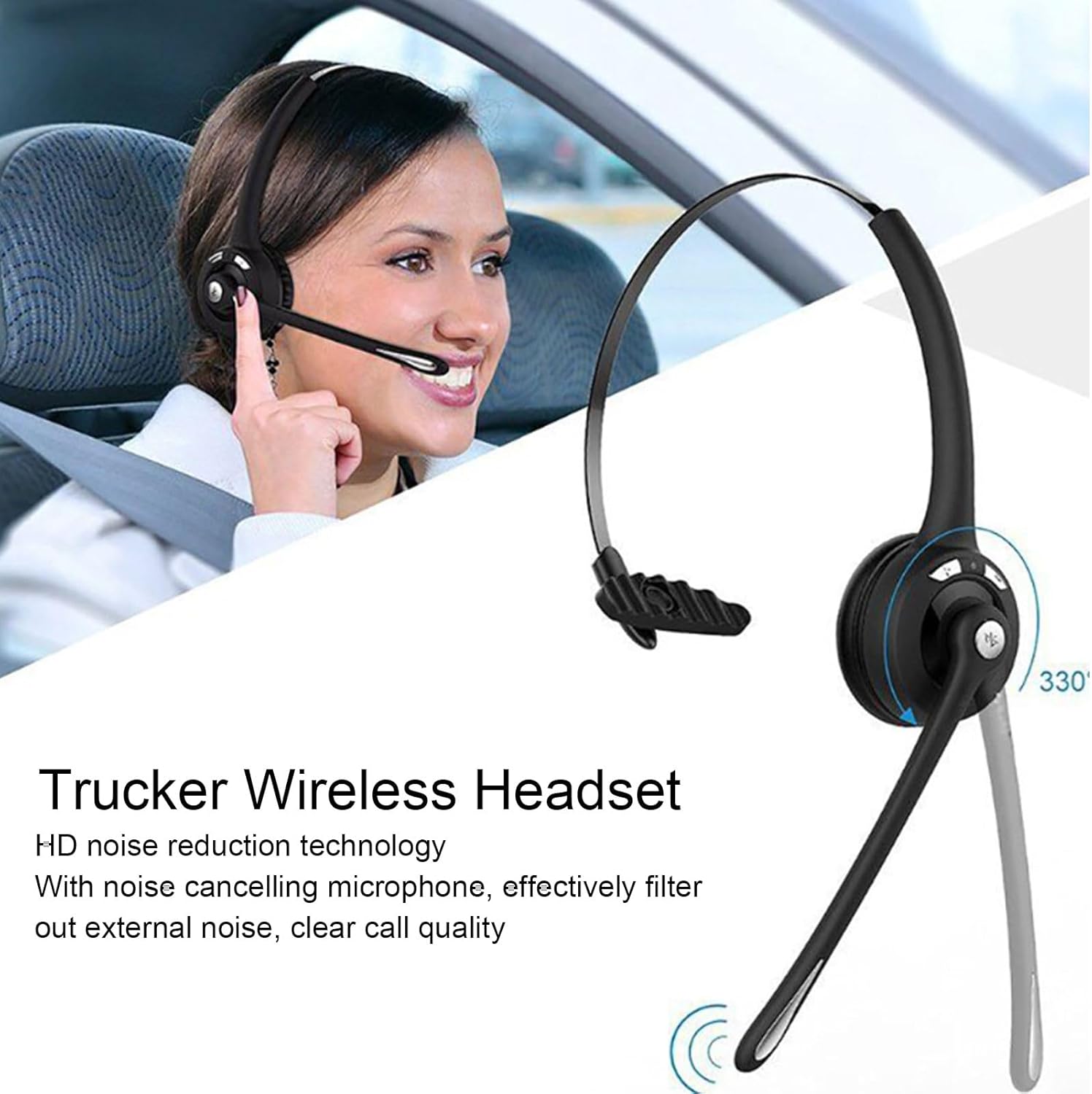 Trucker BT Headset Wireless with Mic Noise Canceling 13H Working Time BT 5.0 Dual Connection, Single Ear Cell Phone Headsets for Truck Driver Office Call Center