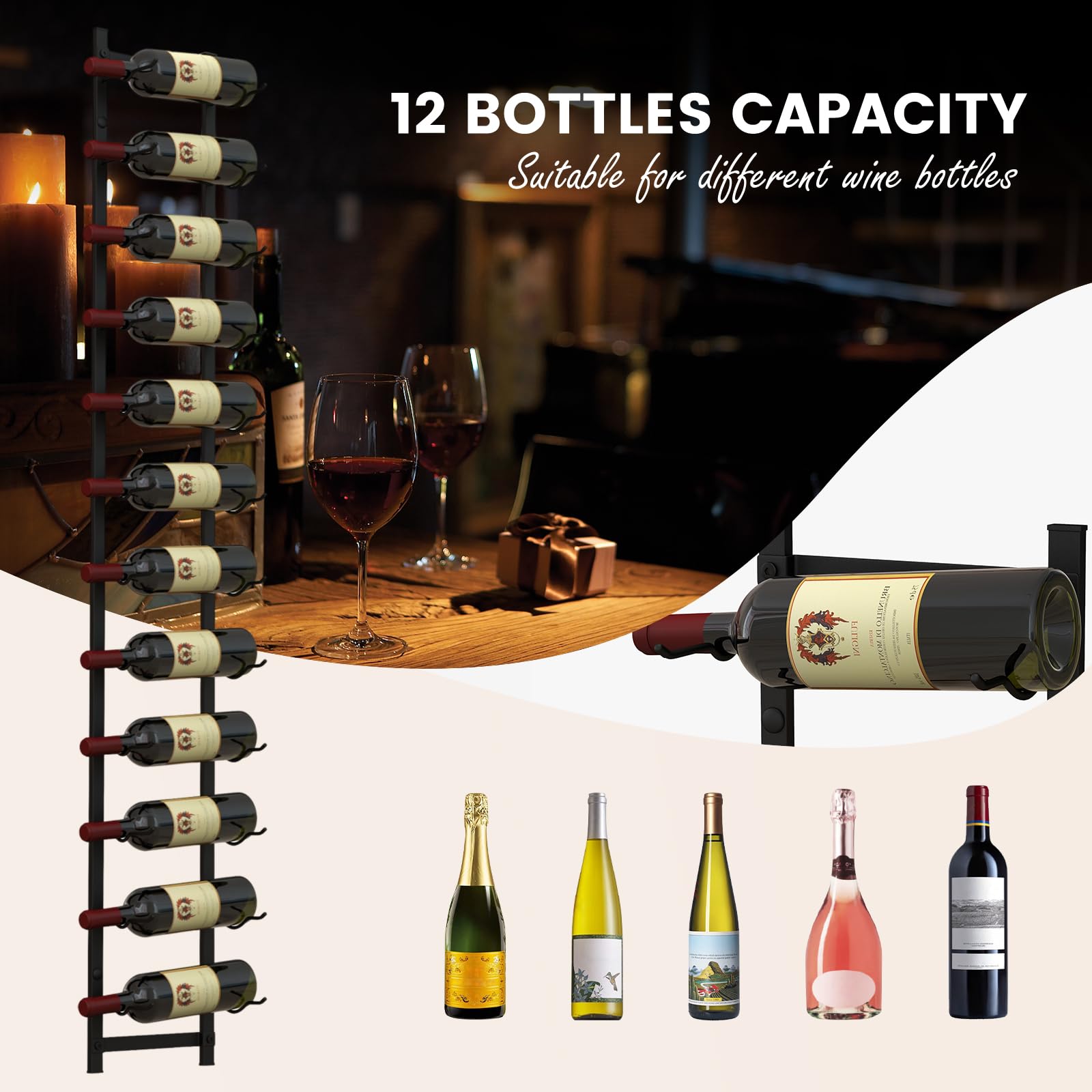 KOMFOTTEU Botellero Vino de Pared para 6/9/12 Botellas, Portabotella Metálica Vertical, Estante Colgante Decorativo para Vino, Organizador de Botellas para Cocina, Comedor, Bar (12 Botellas)