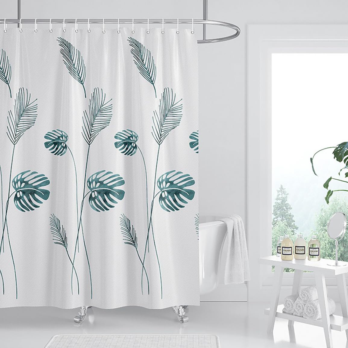 Fszhenzuan Palm Leaf B Shower Curtain 180X180cm Drop Water Repellent Shower Curtain With Hooks Washable Thicken Polyester Fabric Palm Leaf Decorative Bathroom Curtains, Weighted Hem