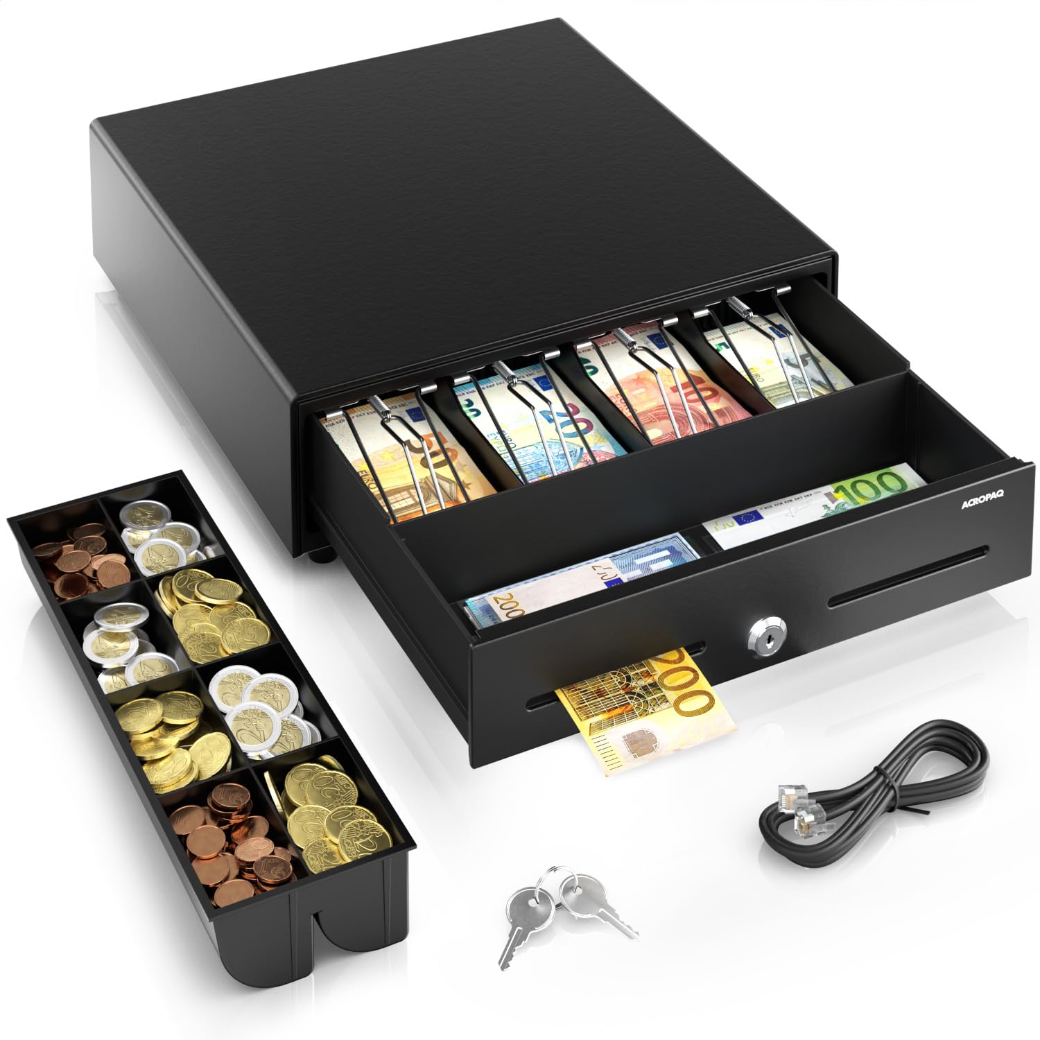 ACROPAQ Cassetto cassa - Compatibile con registratore cassa RJ11, 4 scomparti monete e 8 banconote, (34 x 33 x 10 cm) Corpo in metallo robusto - Cassetto cassa registratore