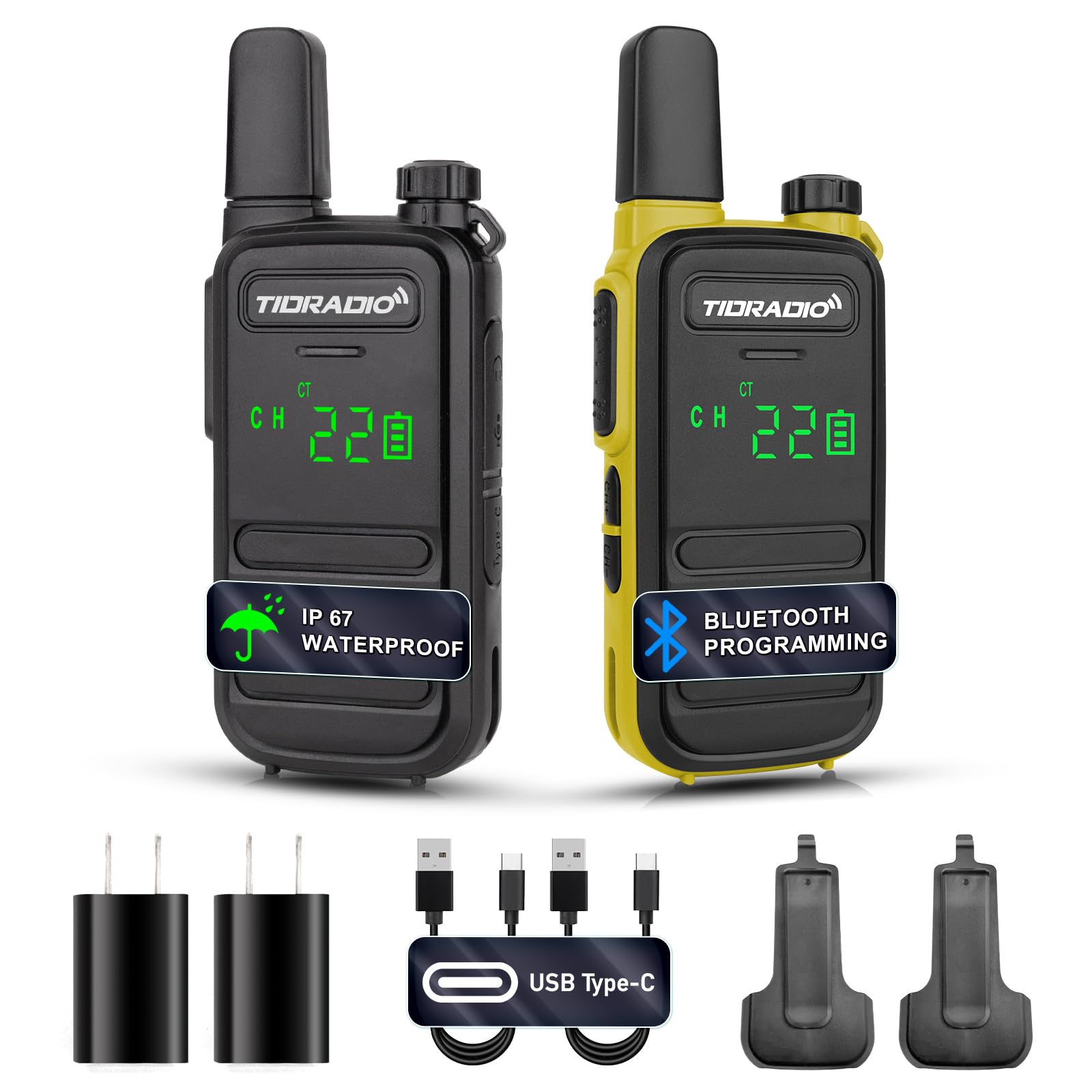 TIDRADIO TD-M11 Walkie Talkies Waterproof IP67 FRS Long Range Two Way Radio with LED Display,NOAA Weather,Walky Talkiy for Industry, Security Work (2 Pack) Black ＆ Yellow
