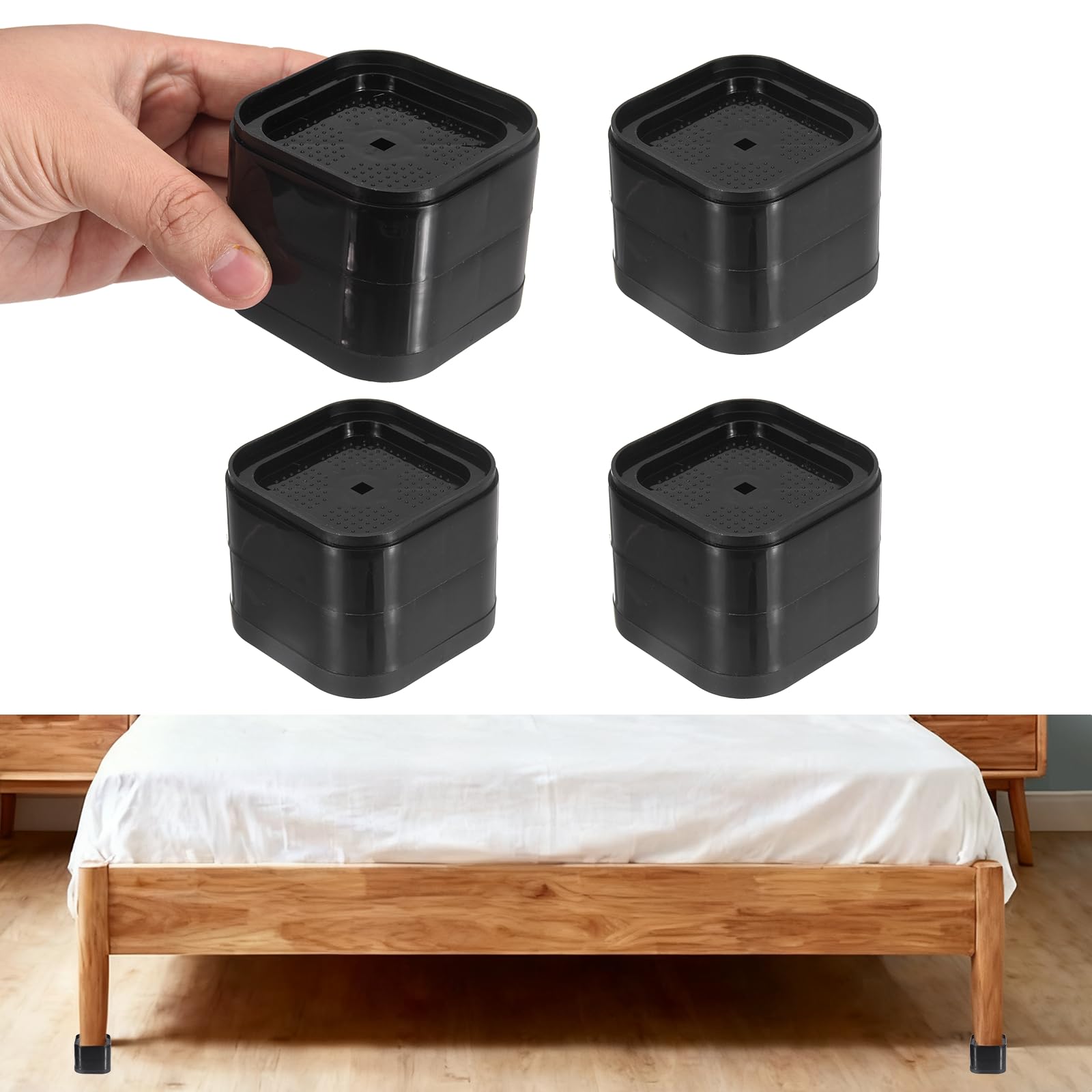 sourcing map 4Pcs Furniture Risers, Adjustable Bed Risers Lifts Height 2-Layers 6cm, Square Stackable Table Leg Lift Blocks for Desk Couch Chair Table Cabinet Bed Frame, Black