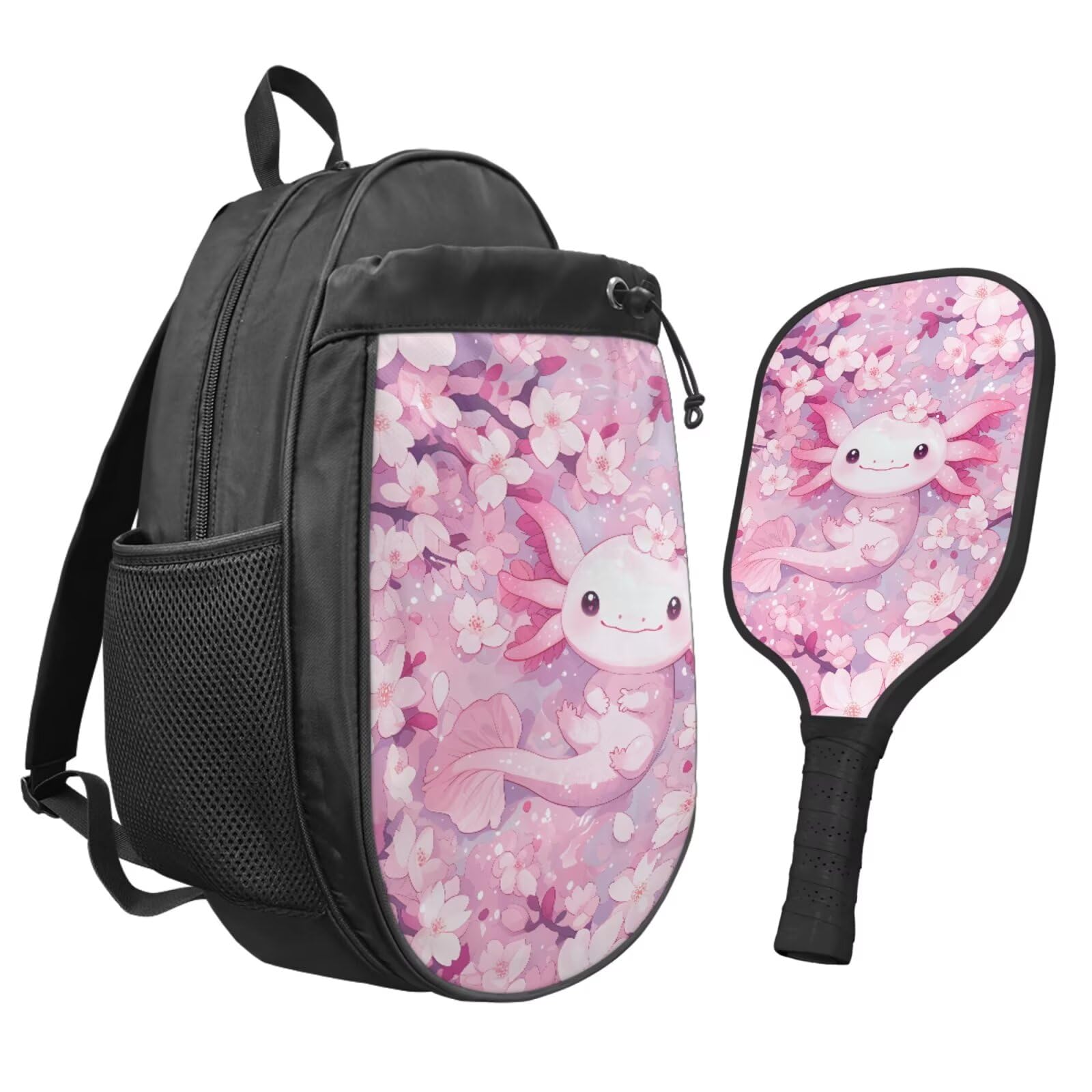 TSOVTHRID Cherry Blossom Axolotl Pickleball Paddles Set of 2 Pickleball Backpack Fiberglass Surface Pickleball Racket with Cushion Comfort Grip Pickleball Rackets for Adults and Teenager