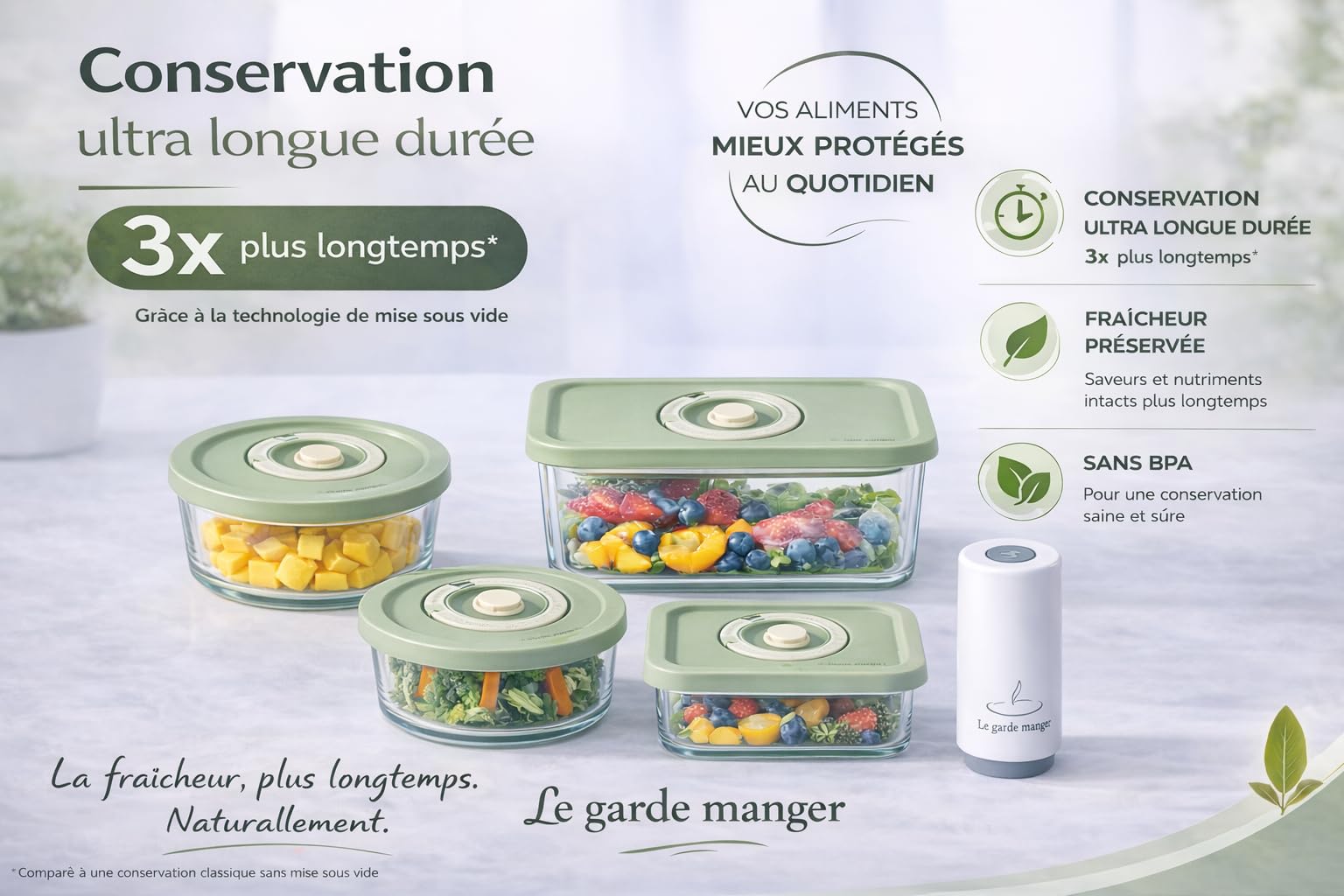 Kit sous vide alimentaire avec pompe rechargeable sans fil | 4 boîtes hermétiques en verre, Sans BPA, 240ml, 450ml, 800ml, 810ml, Idéal meal prep