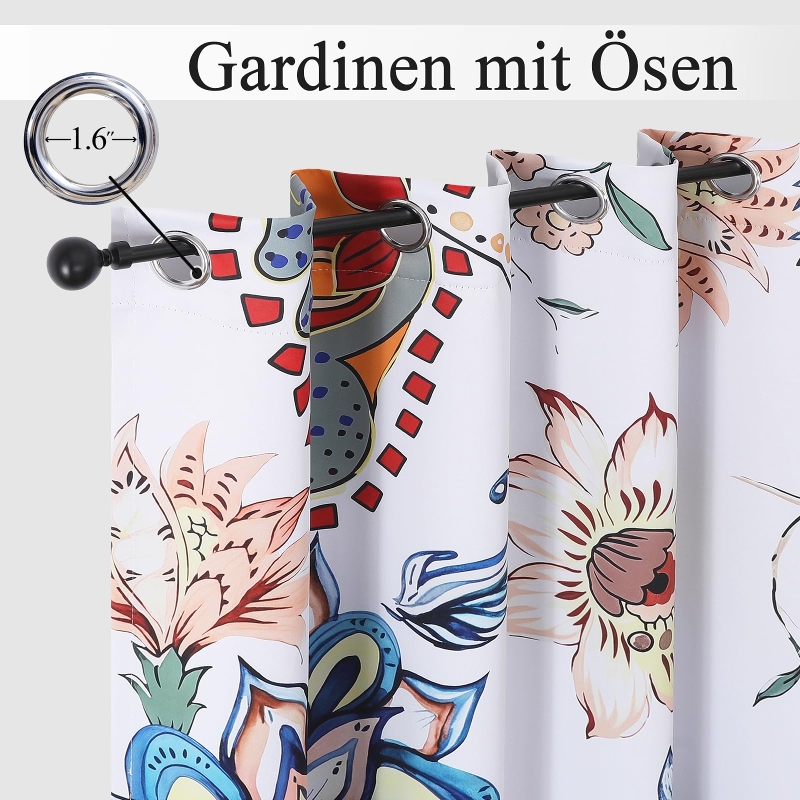 Rideaux occultants fleuris, rideaux imprimés multicolores insonorisants avec œillets pour salon H 274 x L 132 cm