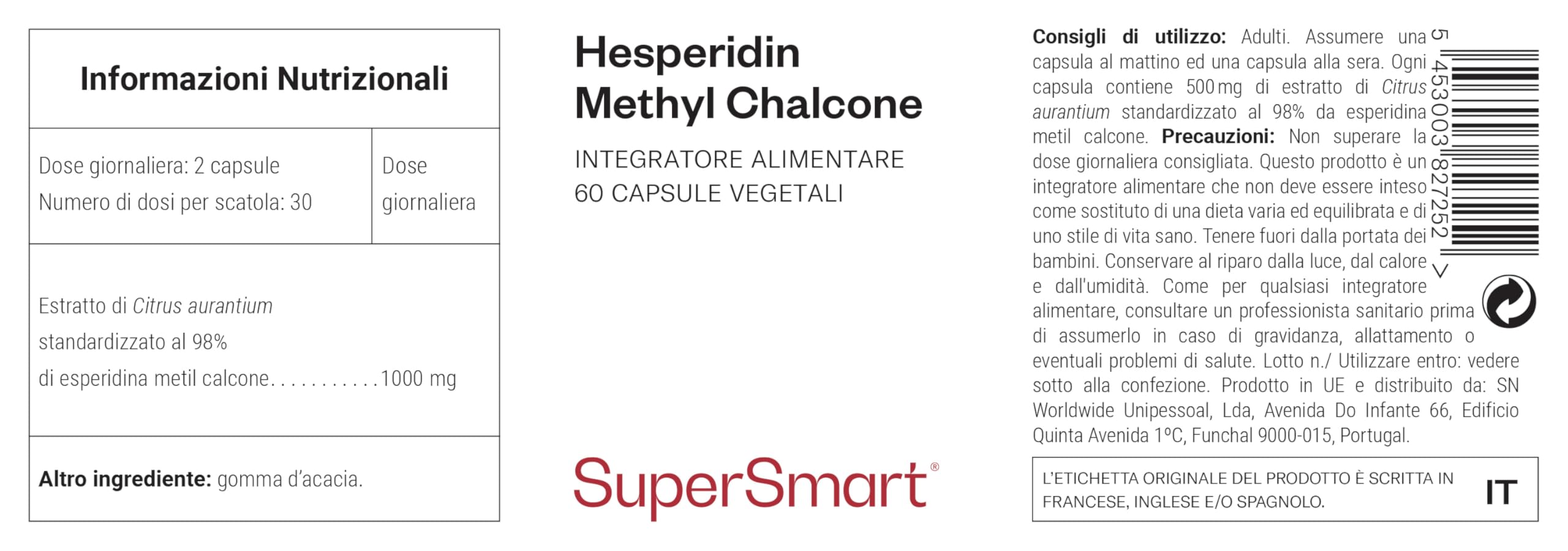 Hespéridine Méthyl Chalcone - Aiuta a ottimizzare la circolazione sanguigna - Salute cardiovascolare - Antiossidante - Estratto di Citrus Aurentium standardizzato al 98% - Vegano - Supersmart