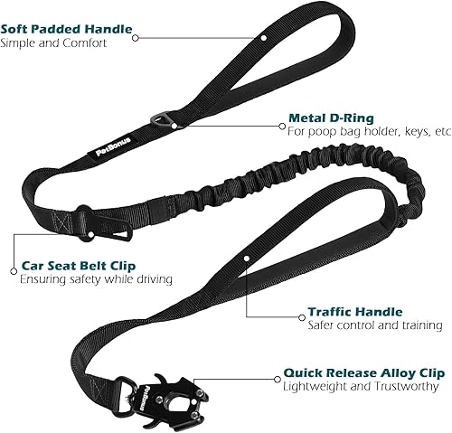 Miniatura 6 de PetBonus Correa táctica resistente para perro, correa elástica de absorción de impactos de 5 pies con 2 asas acolchadas, clip de metal de liberación
