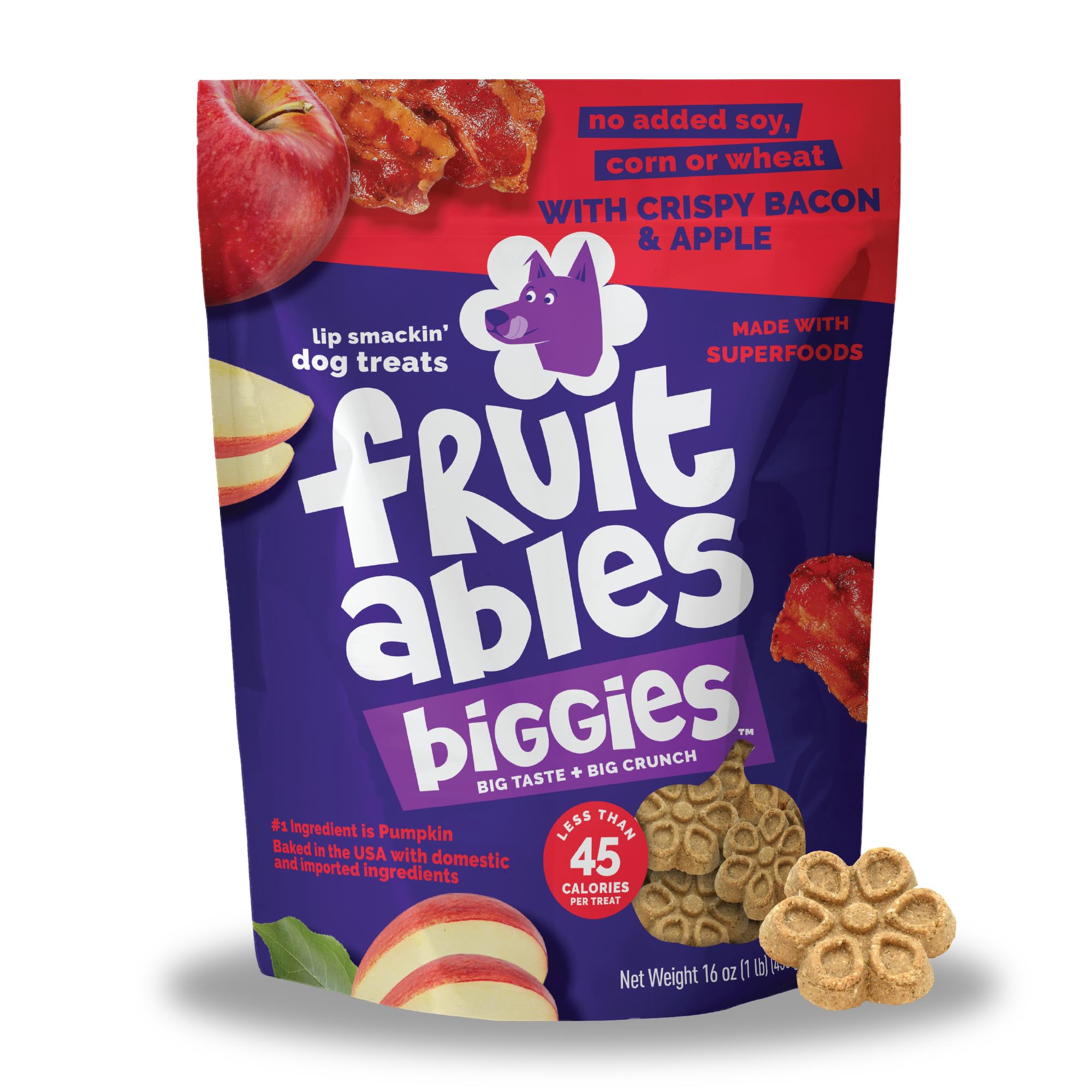 Fruitables Biggies Dog Biscuits, Healthy Treats for Dogs, Pumpkin Doggie Biscuits, Crunchy Treats, Made Without Wheat, Corn and Soy, Made in The USA, Crispy Apple and Bacon Flavor, 16oz
