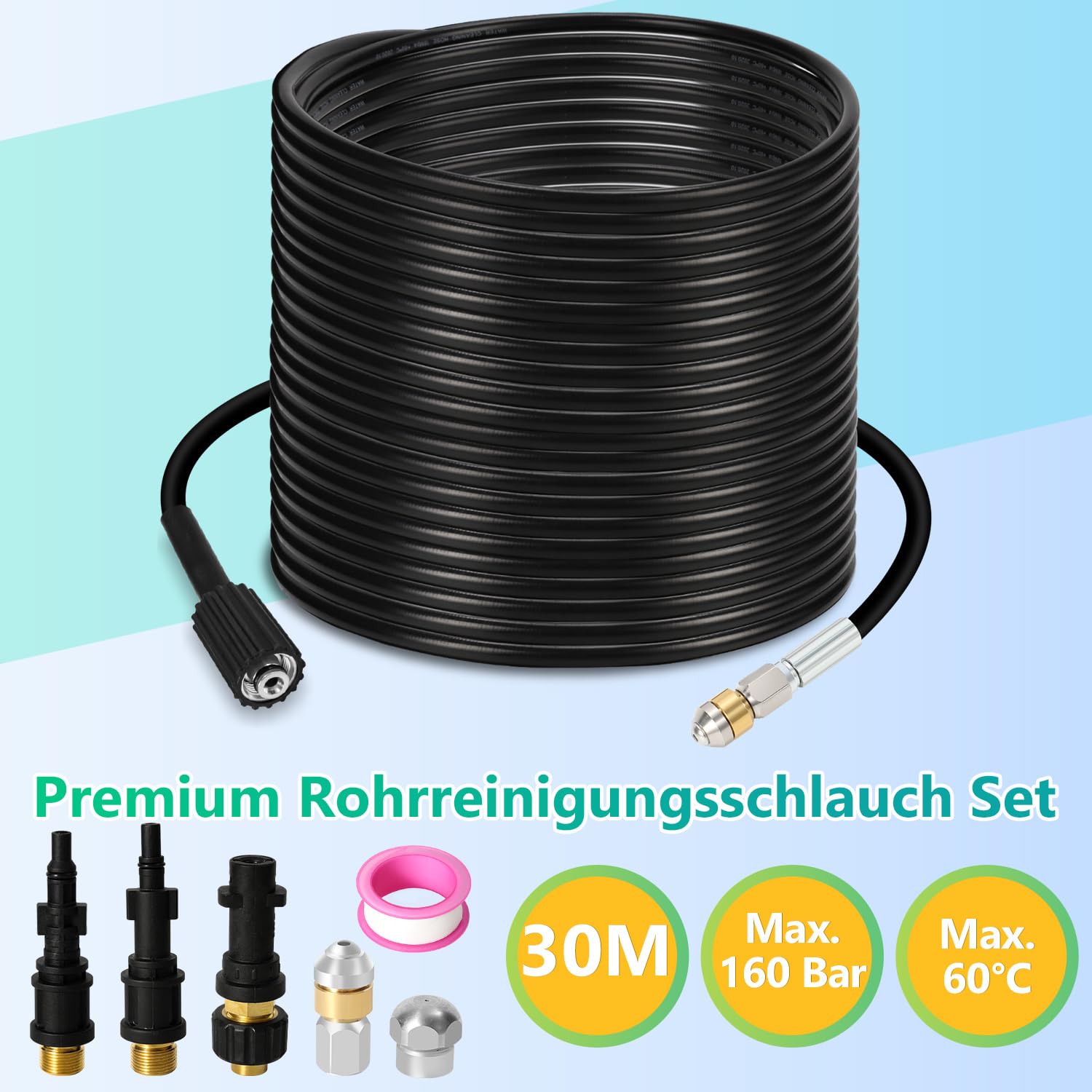 Rohrreinigungsschlauch 30 m für Kärcher K2 K3 K4 K5 K6 K7 HD Hochdruckreiniger, 160 bar, mit 2 Adaptern und 2 Düsen, starr + rotierend, 1/8 Anschluss, Rohrreinigungsset