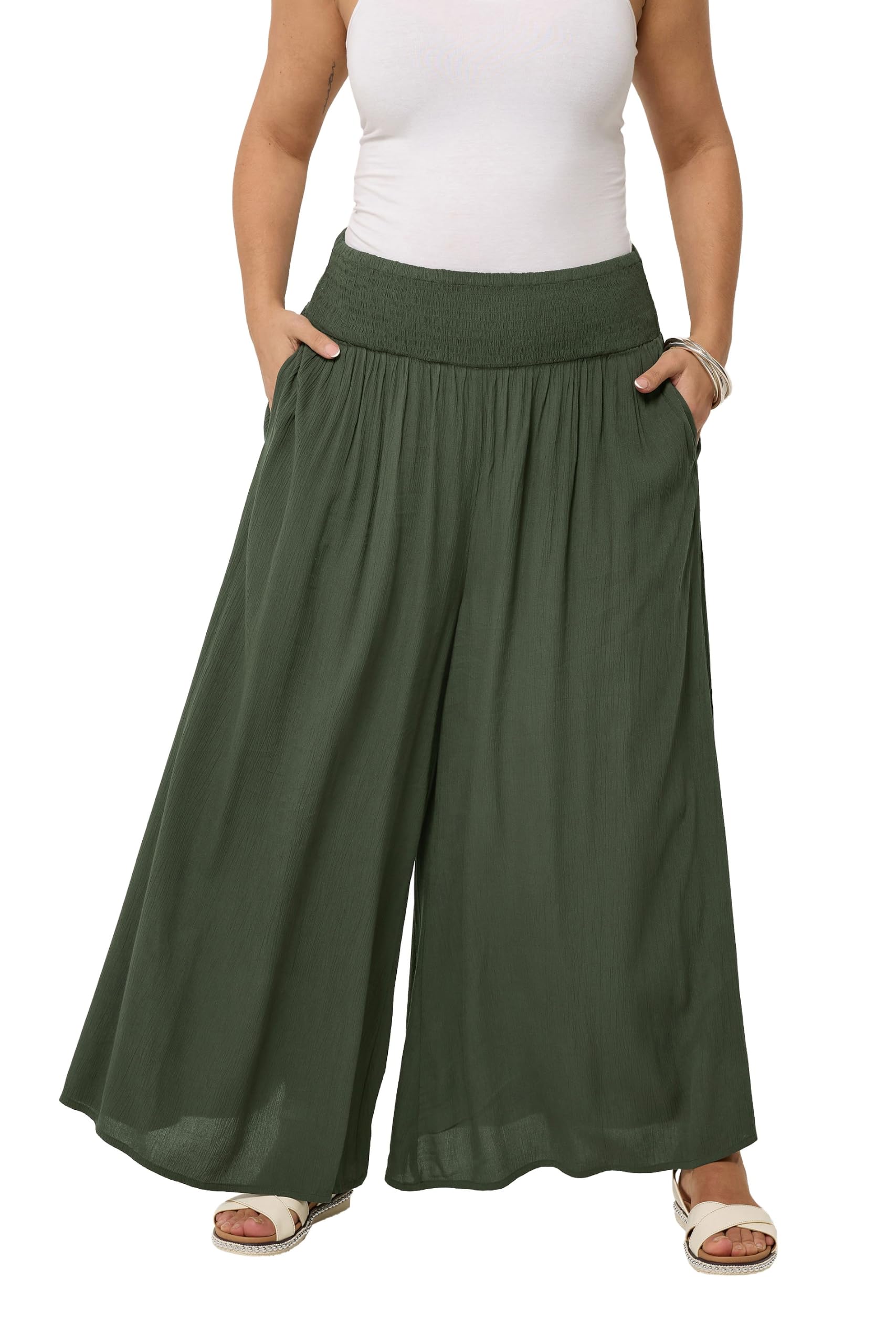 Yours Curve Green Shirred Trousers - Women's - Plus Size Curve