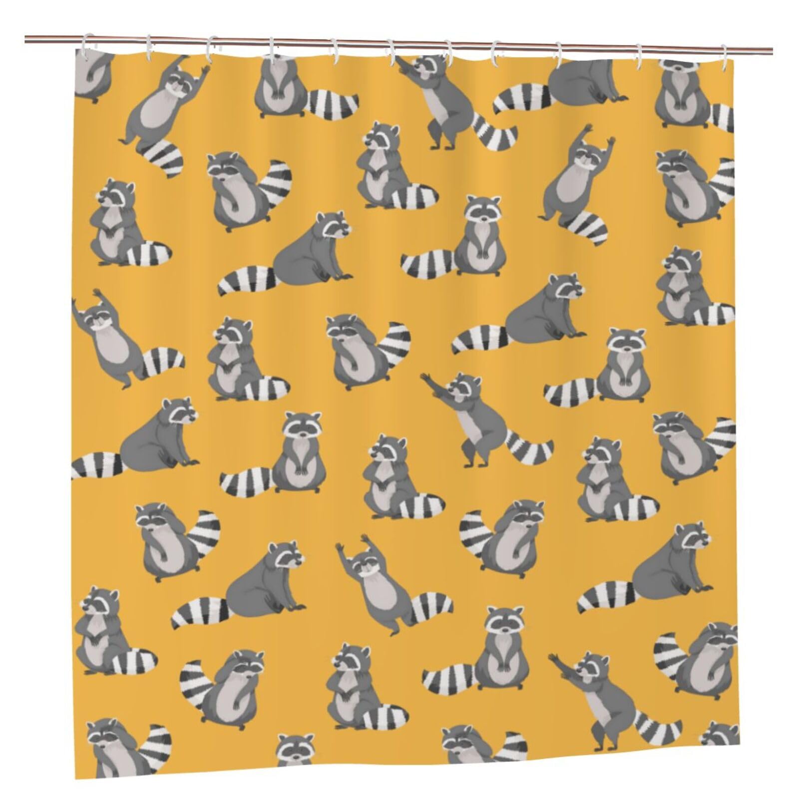Qucarder Raccoon Shower Curtain Yellow Bath Curtain Waterproof Shower Curtains for Bathroom Decor 168x180cm