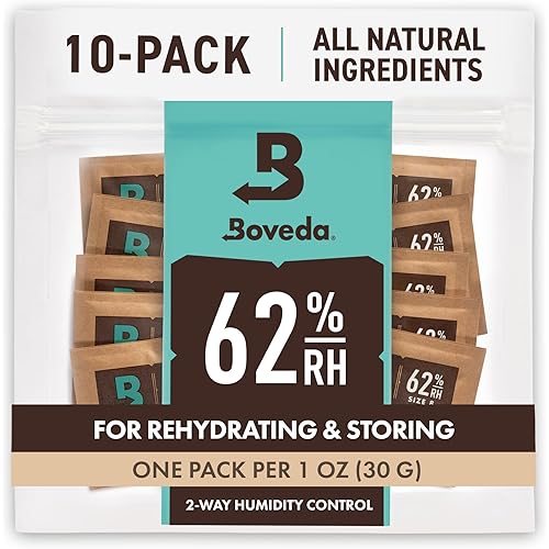 Boveda 62% RH Size 8-10 Pack Two-Way Humidity Control Packs - for Storing 1 oz - Moisture Absorber for Small Storage Containers - Humidifier Packs - Hydration Packets w/Resealable Bag