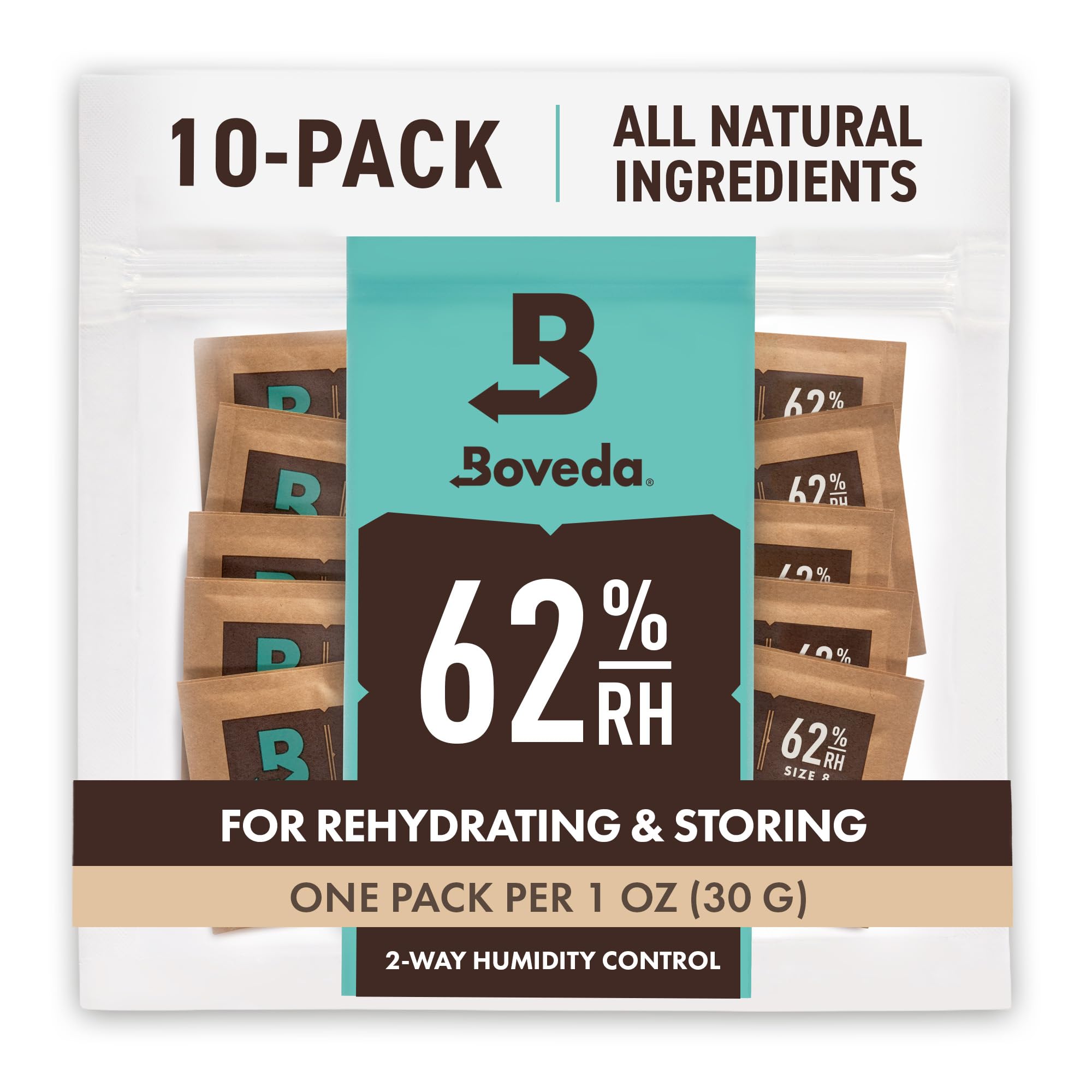 Boveda 62% Two-Way Humidity Control Packs For Storing 1 oz – Size 8 – 10 Pack – Moisture Absorbers for Small Storage Containers – Humidifier Packs – Hydration Packets in Resealable Bag