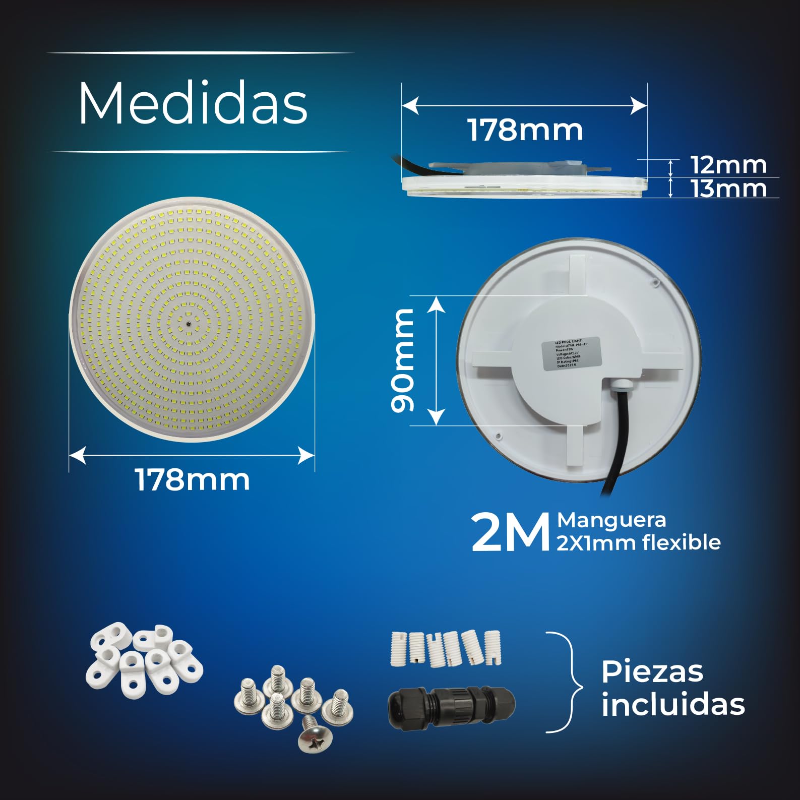 LED ATOMANT 2x Foco LED Recambio PAR56 de Piscina 45W Luz Blanca IP68 AC12V | Sin mando
