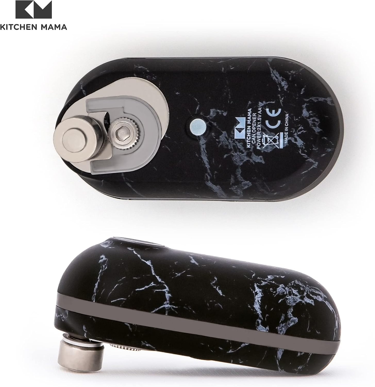 Kitchen Mama Mini Electric Can Opener: Open Cans with A Simple Push of Button - Ultra-Compact, Mini-Sized Space Saver, Portable, Smooth Edge, Food-Safe, Battery Operated (Marble Black/Black)