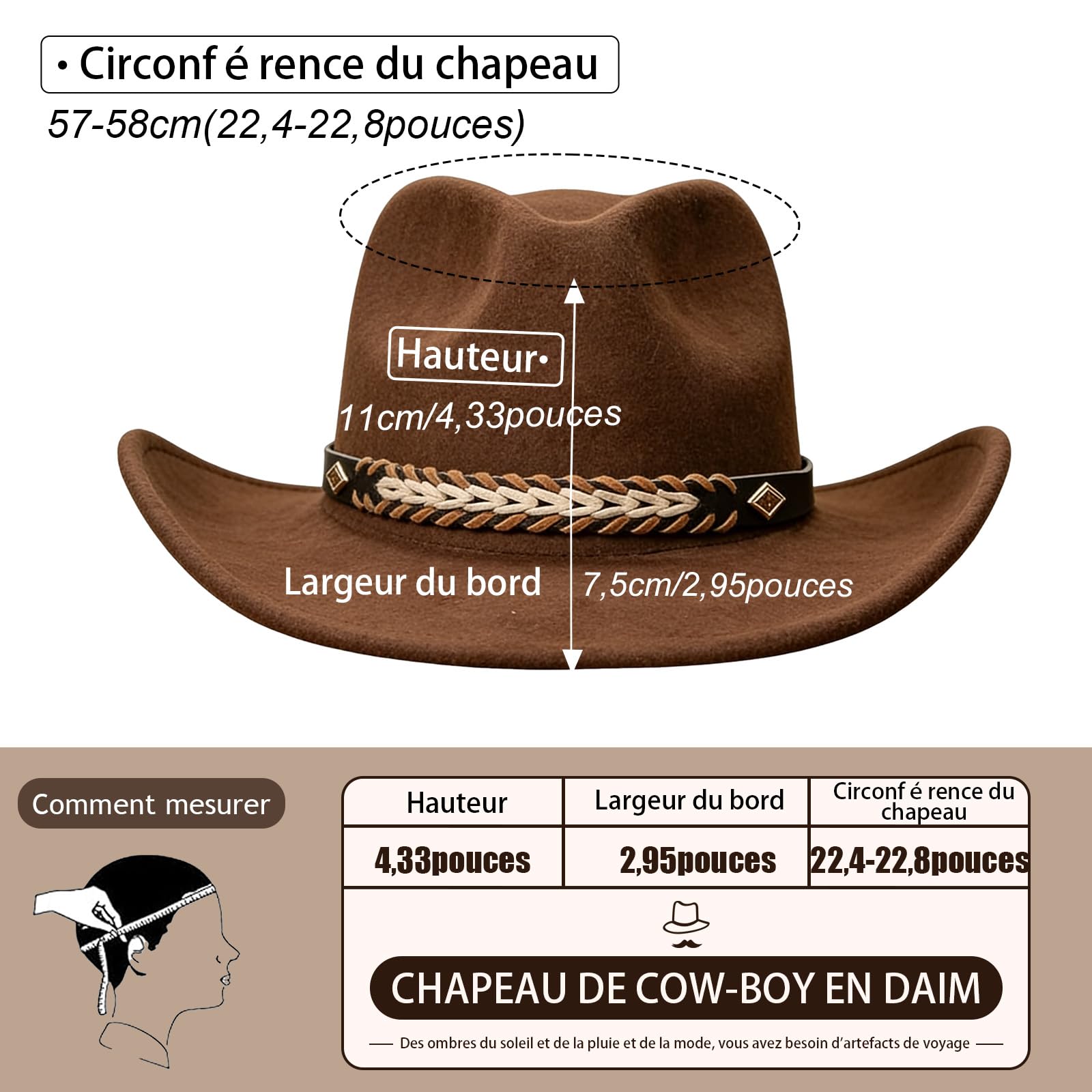 MYKAGS Chapeau de Cowboy Unisexe en Feutre à Large Bord et Taille Ajustable, adapté aux Tenues en Jean et aux activités de Plein air (Marron café)
