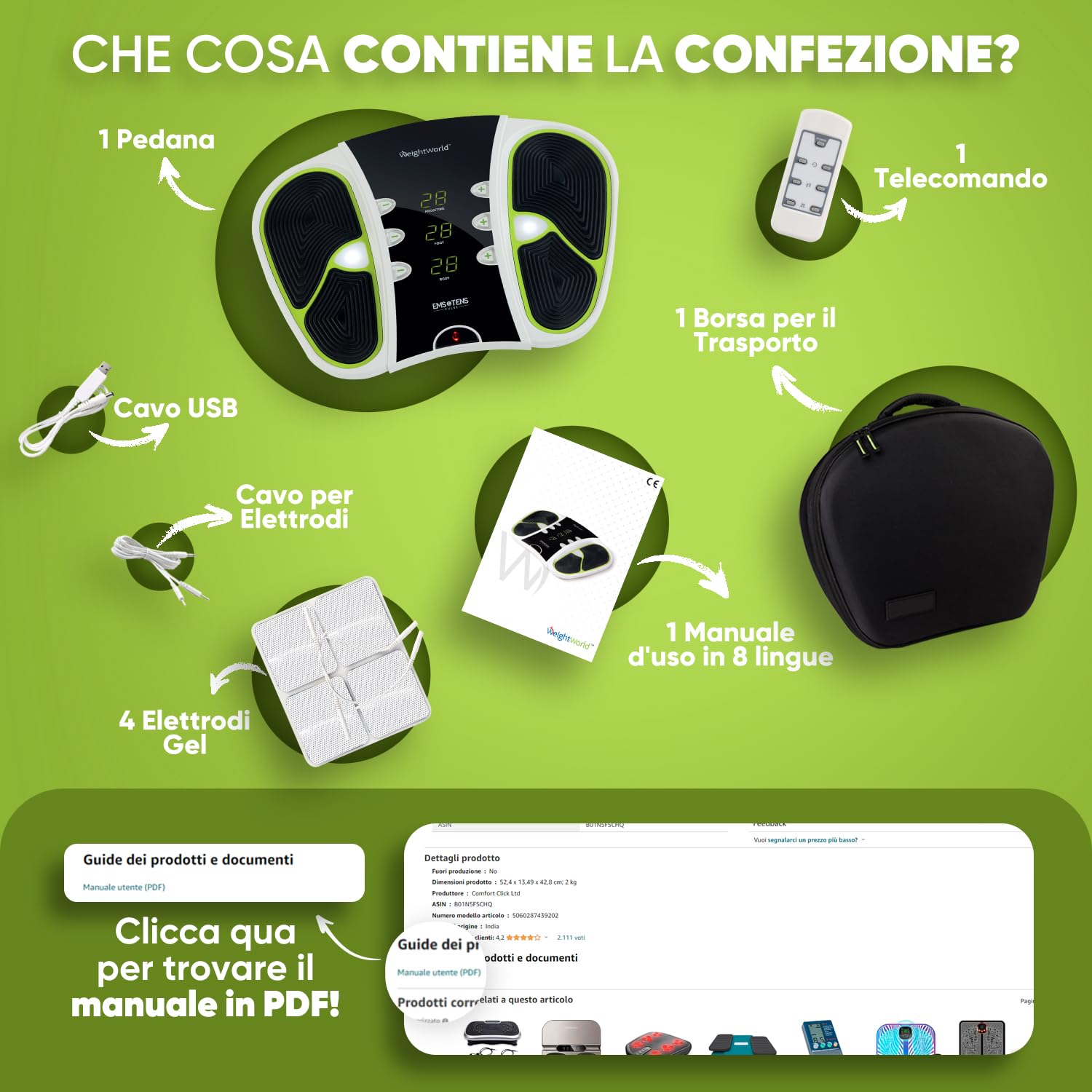 Massaggiatore con Tecnologia TENS ed EMS, Elettrostimolatore a Impulsi Elettrici per 30 Miniuti di Utilizzo, Massaggiatore Plantare con Telecomando, 4 Elettrodi TENS ed EMS e Custodia, Certificato CE