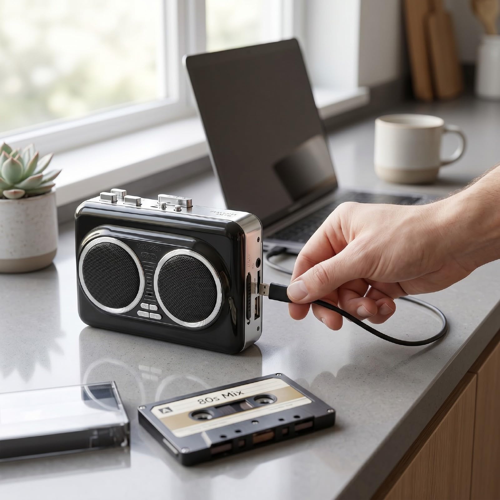 Annadue Lettore di Cassette USB Portatile con Doppi Altoparlanti Integrati per Anziani | Convertitore da nastro a MP3, batterie AA, registratore portatile a doppia alimentazione USB con cuffie da 3,5 mm