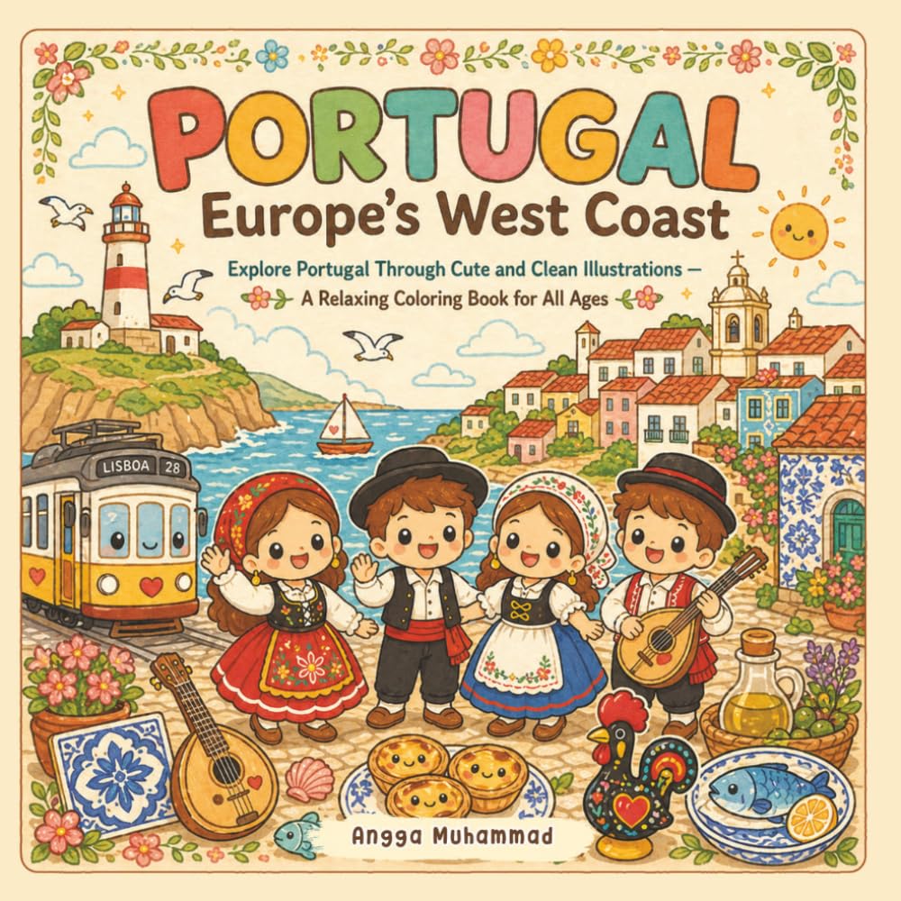 PORTUGAL — Europe’s West Coast: Explore Portugal Through Cute and Clean Illustrations of Lighthouses, Beaches, Trams, Old Town Alleys, Fishing Boats, ... — A Relaxing Coloring Book for All Ages