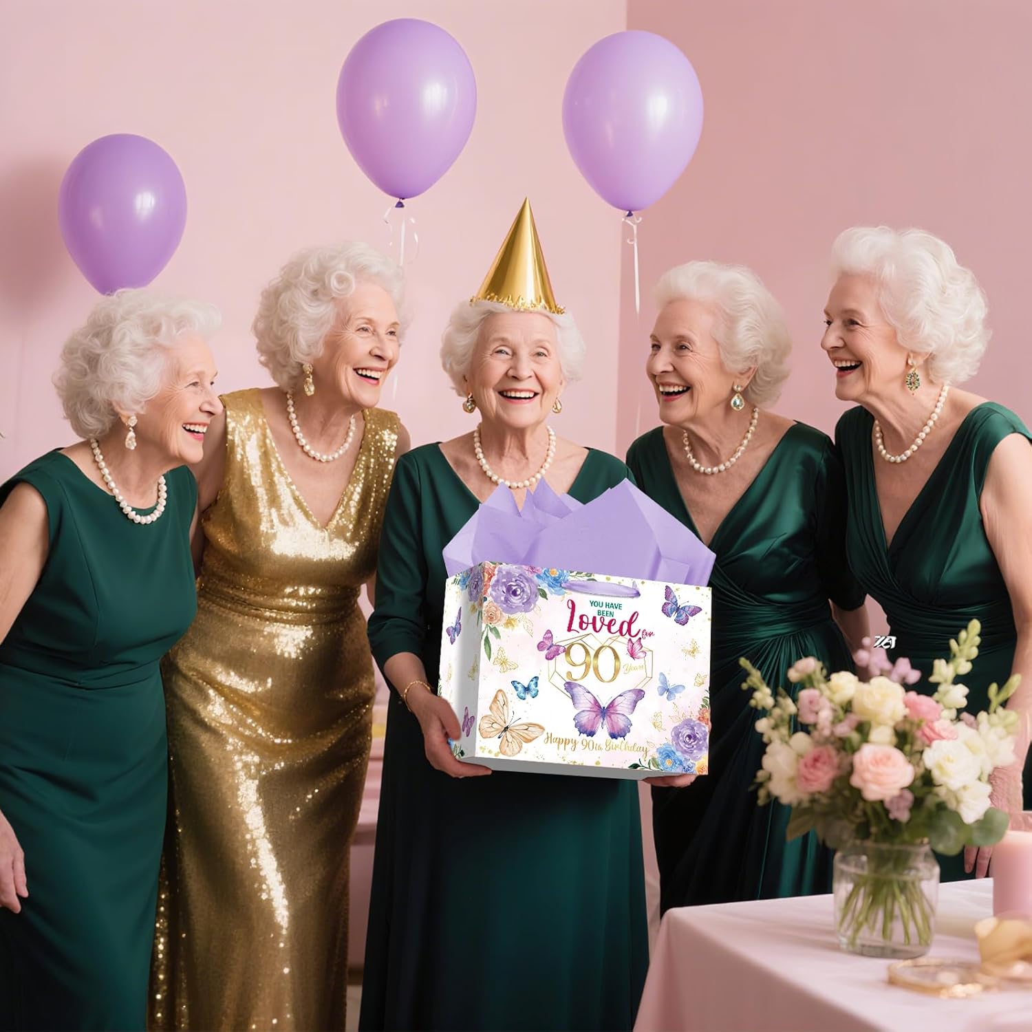 90th Birthday Gifts for Women Floral Butterfly 90th Birthday Gift Bag with Purple Wrapping Paper Card Sticker Envelope for Mom Grandma Cheers to 90 Years Old 1936 Party Presents Decorations Supplies - Image 4