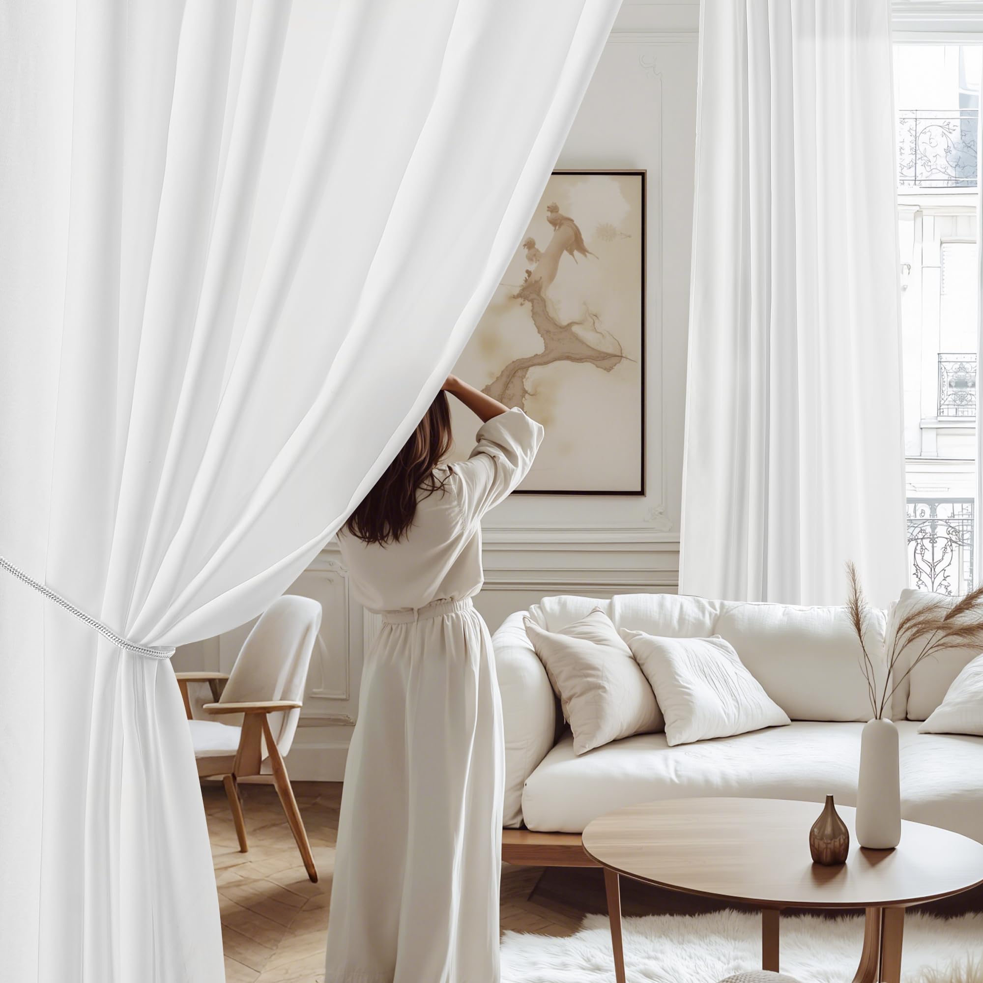 Photo 1 of NICETOWN Non-See-Through Off White Sheer Curtains 96 inches Long 2 Panels, Privacy Rod Pocket & Back Tab Window Drapes Light Filtering for Bedroom/Living Room, W52 x L96