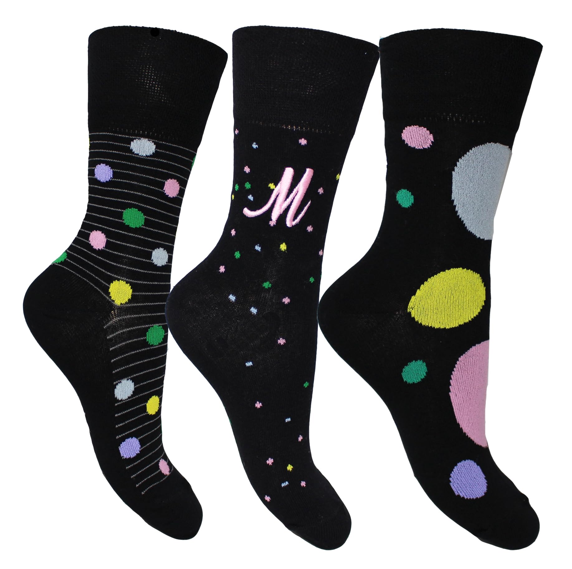 TeddyT's Personalised Initial Ladies Black Colourful Polka Dot HoneyComb Comfort Top Socks (3 Pair Pack)