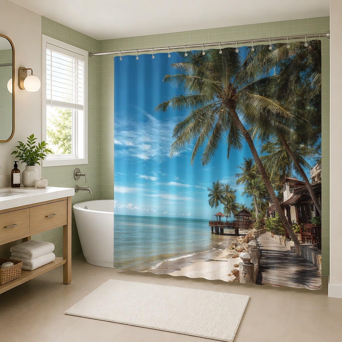 Tenda Doccia 240x200 cm Paesaggio Poliestere, per Bagno, Casa e Hotel