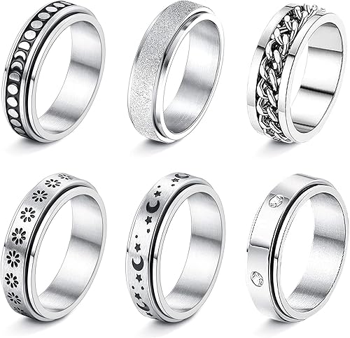 DoreenBeads Anillos para ansiedad, anillo giratorio de acero inoxidable, anillo antiansiedad, anillo giratorio de luna, estrella, números romanos,