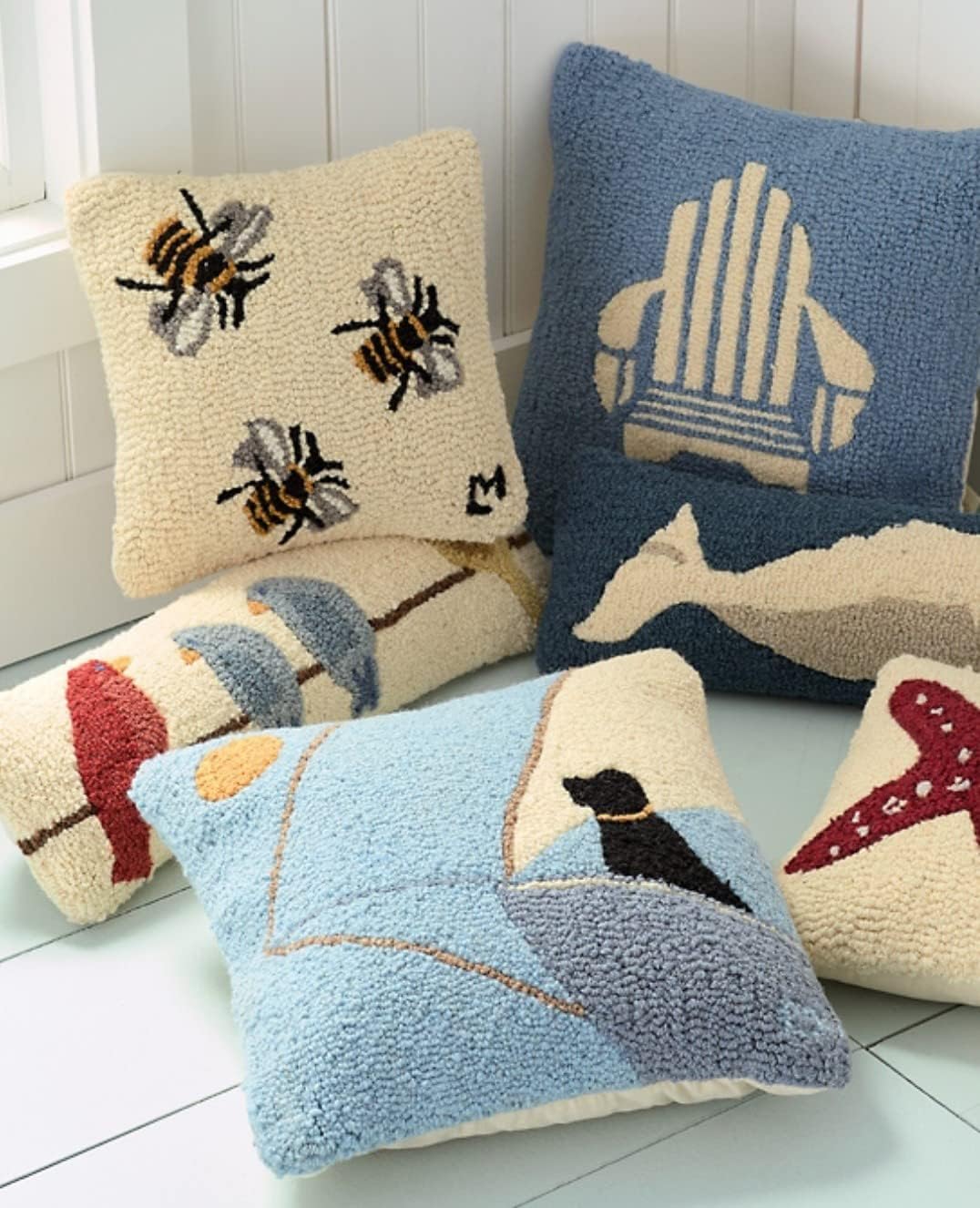 Chandler 4 Corners Artist-Designed Adirondack Chair on Blue Hand-Hooked Wool Decorative Throw Pillow (18 in x 18 in) Lake & Lodge Pillow for Couches & Beds - Low Maintenance, Lake House Cabin Pillow