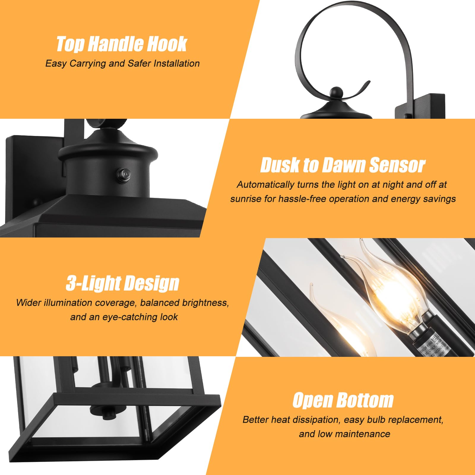 24 Dusk to Dawn Outdoor Wall Light Fixture 2 Pack-Black Extra Large Modern Porch Lantern 3-Light Waterproof Exterior — view 5